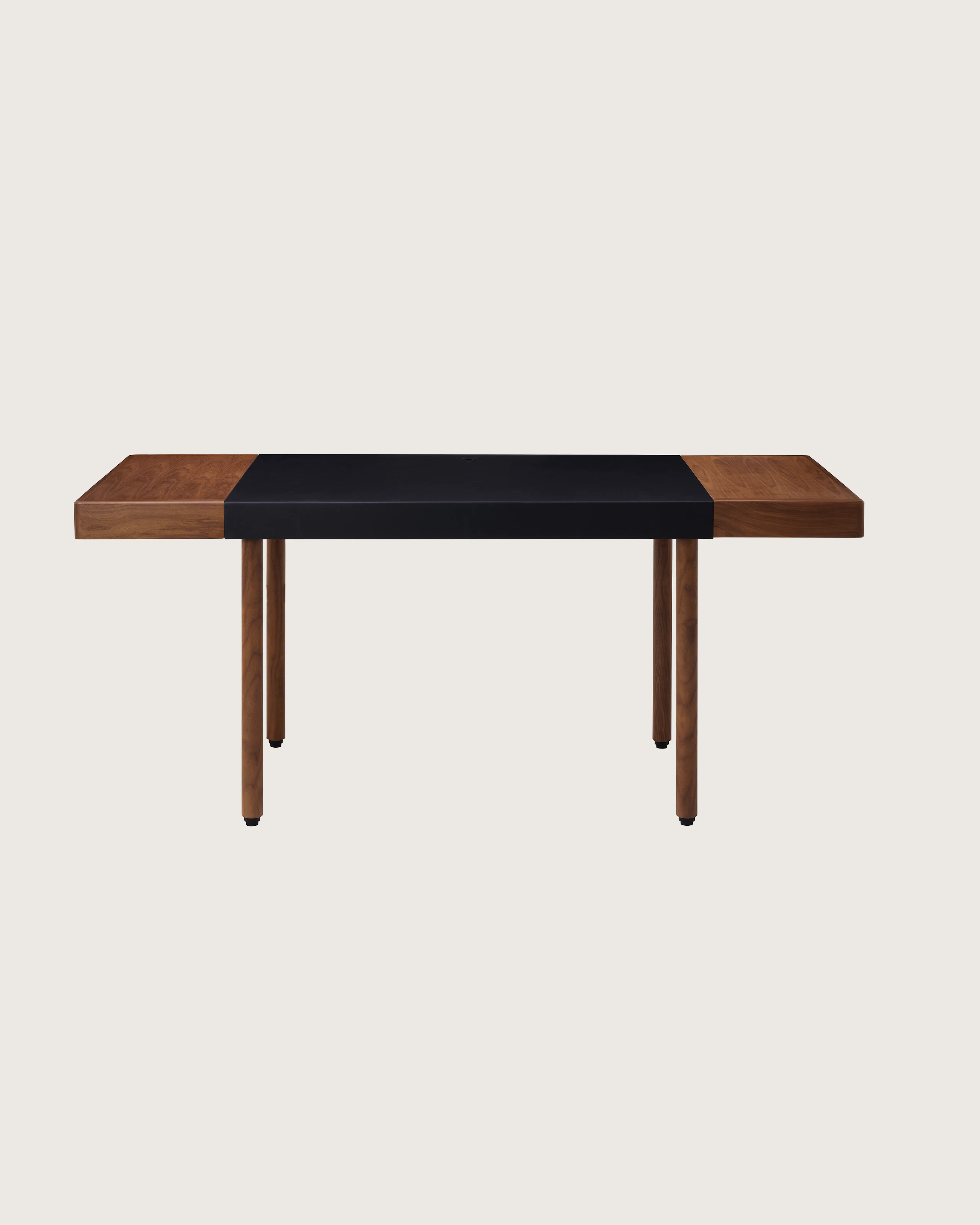 New Canaan Leatherwrap Sit-to-Stand Desk in Walnut and Black Leather, front view.