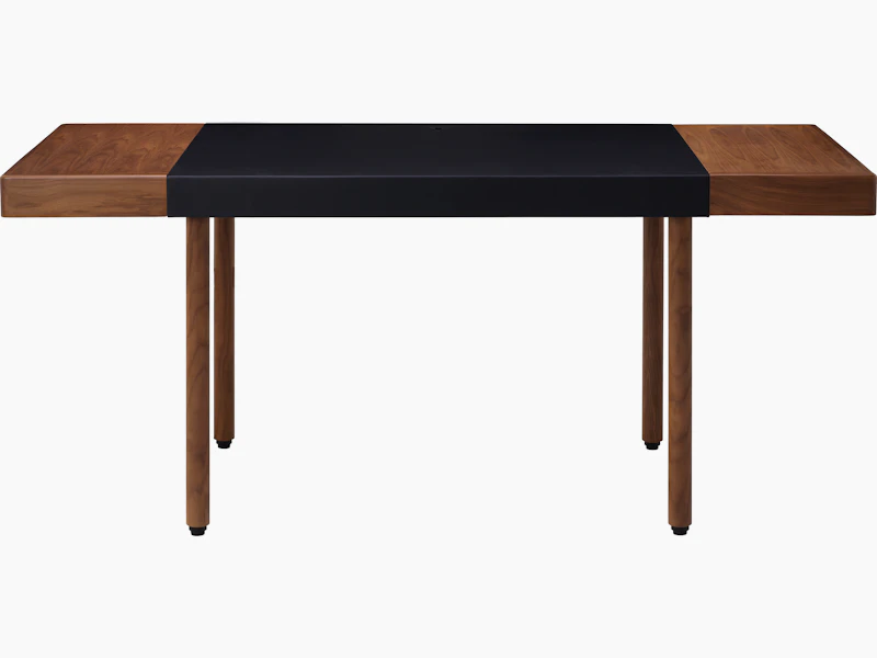 New Canaan Leatherwrap Sit-to-Stand Desk in Walnut and Black Leather, front view.