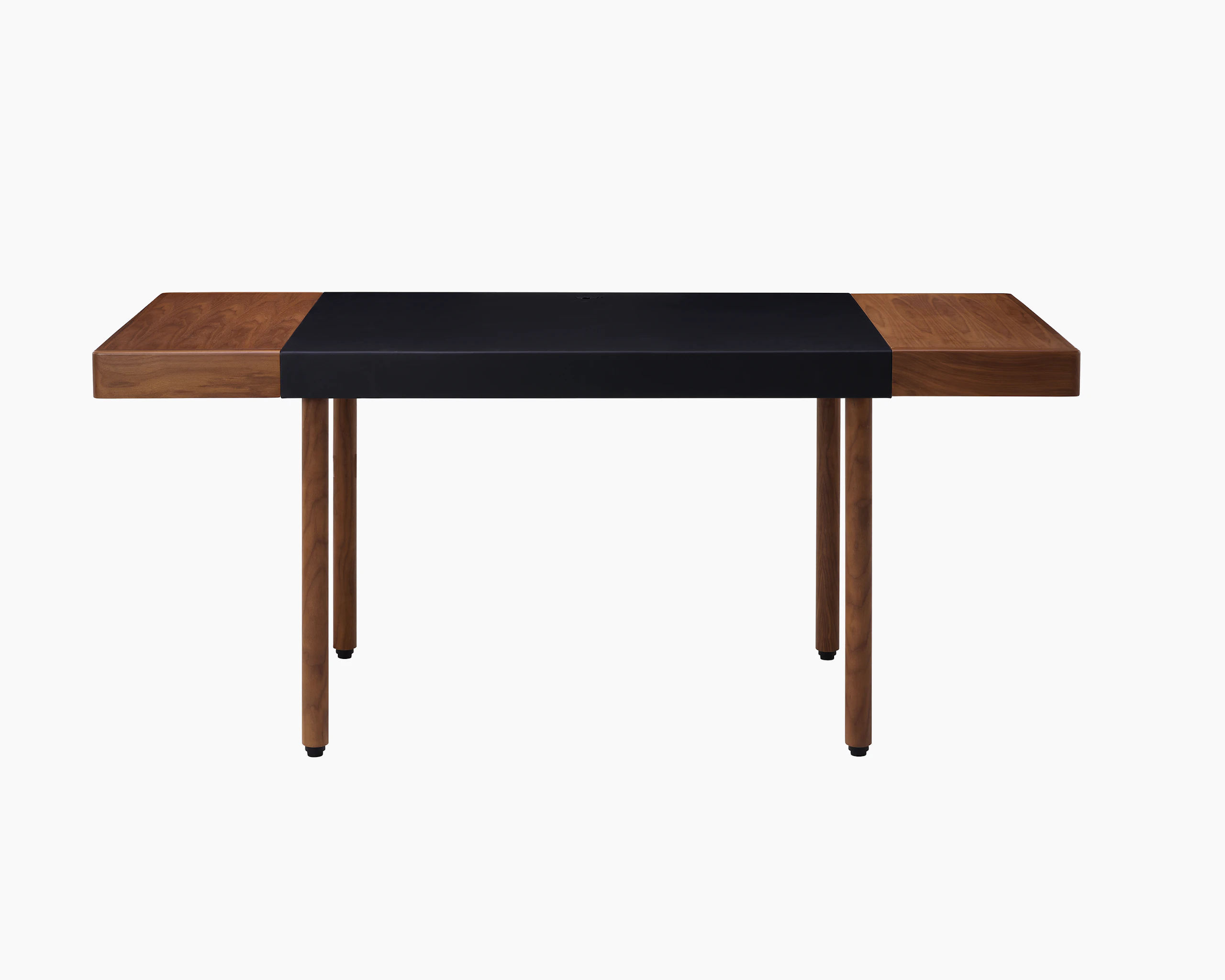 New Canaan Leatherwrap Sit-to-Stand Desk in Walnut and Black Leather, front view.