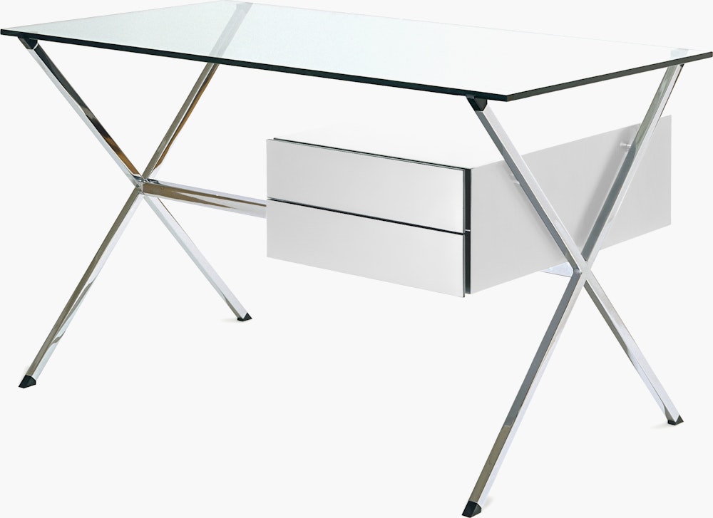 Albini Desk - Pedestal Desk, White Lacquer, Polished Chrome