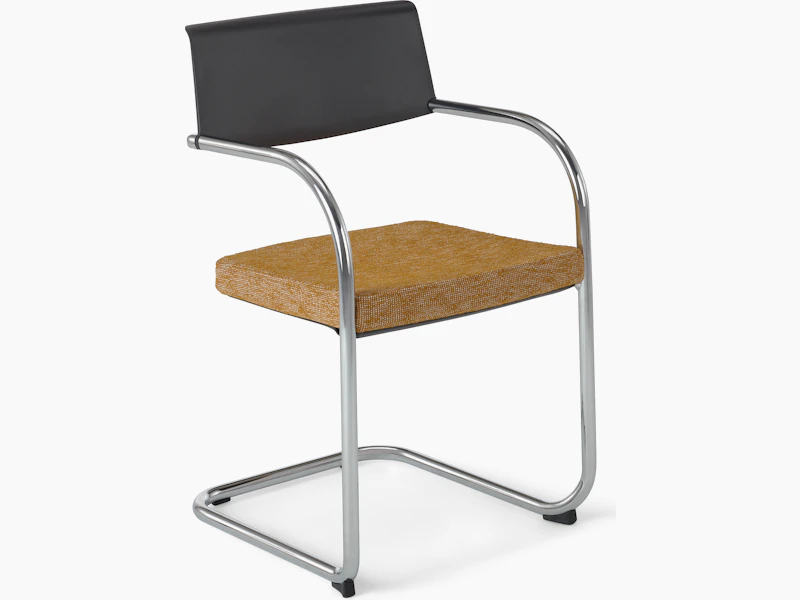 Moment Side Chair with a chrome frame finish, arms, a sled base, a black upholstered back, and a seat upholstered with Prisitini textile in the color Copper. White background.