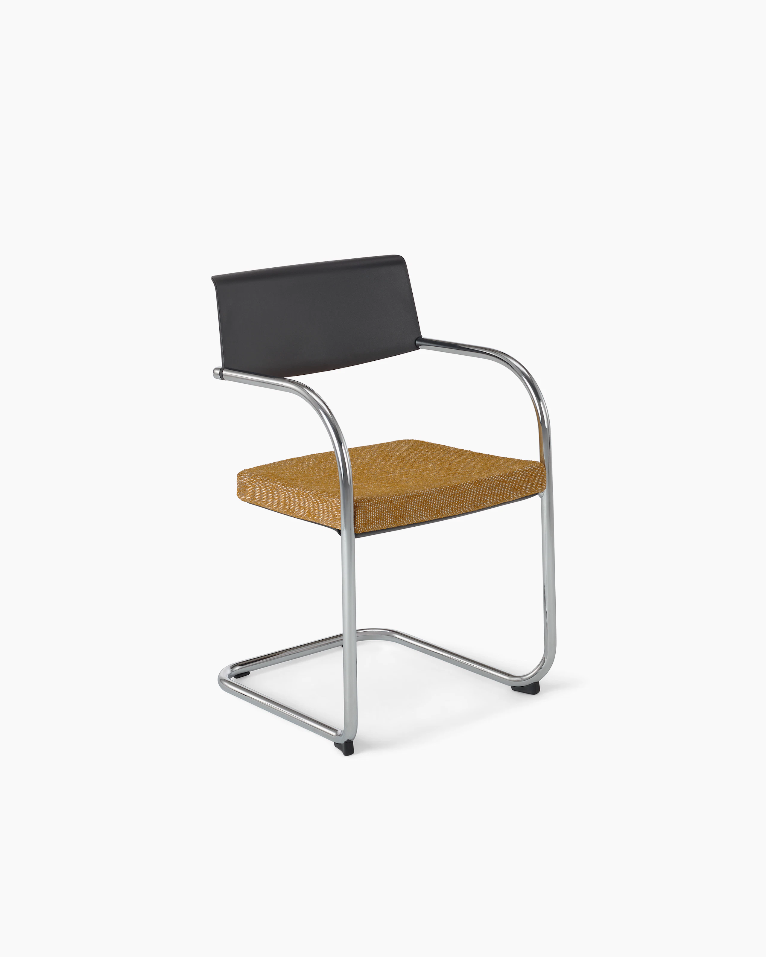 Moment Side Chair with a chrome frame finish, arms, a sled base, a black upholstered back, and a seat upholstered with Prisitini textile in the color Copper. White background.