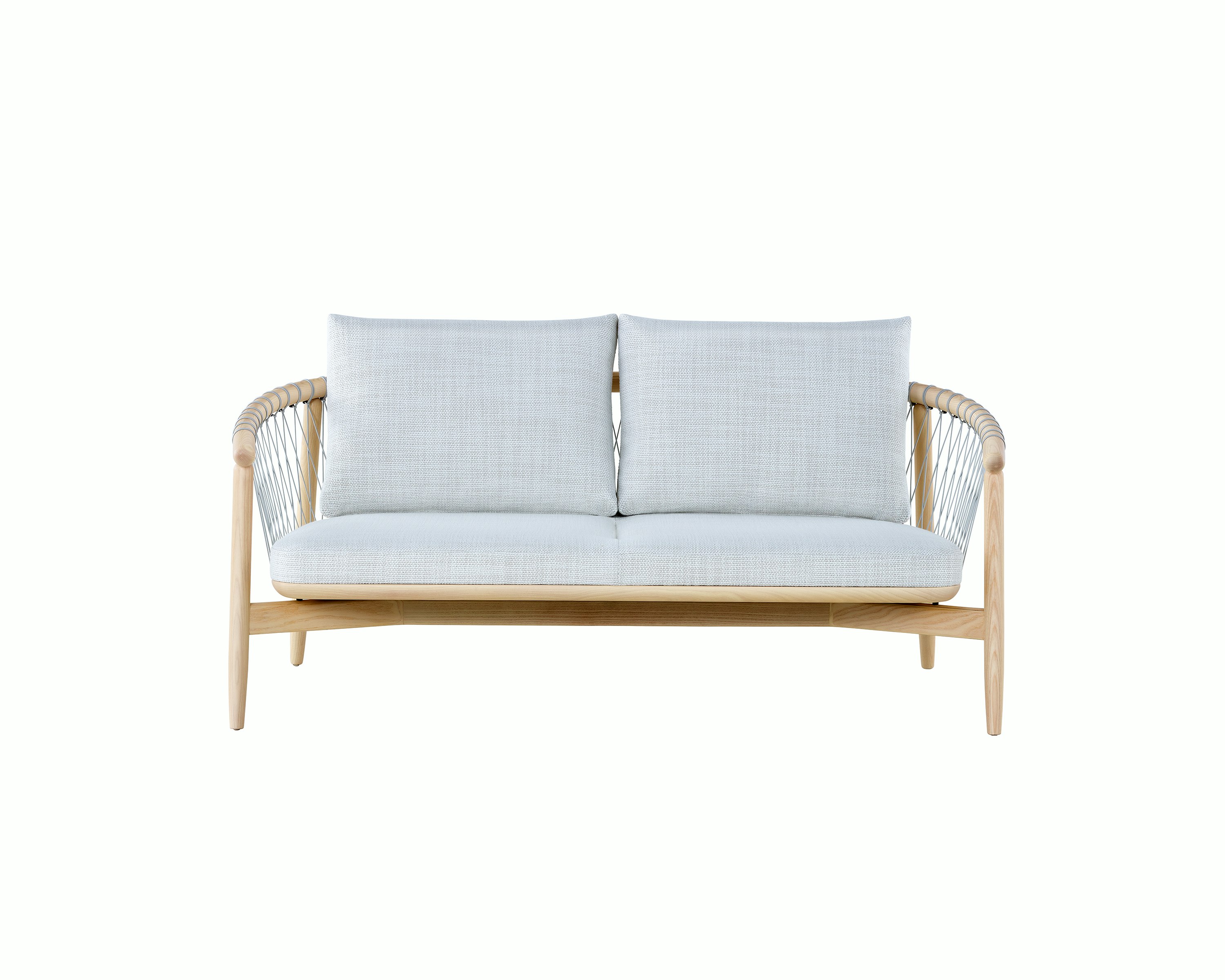 A light-colored Crosshatch Settee featuring gray upholstery and a white ash frame. Viewed from the front.