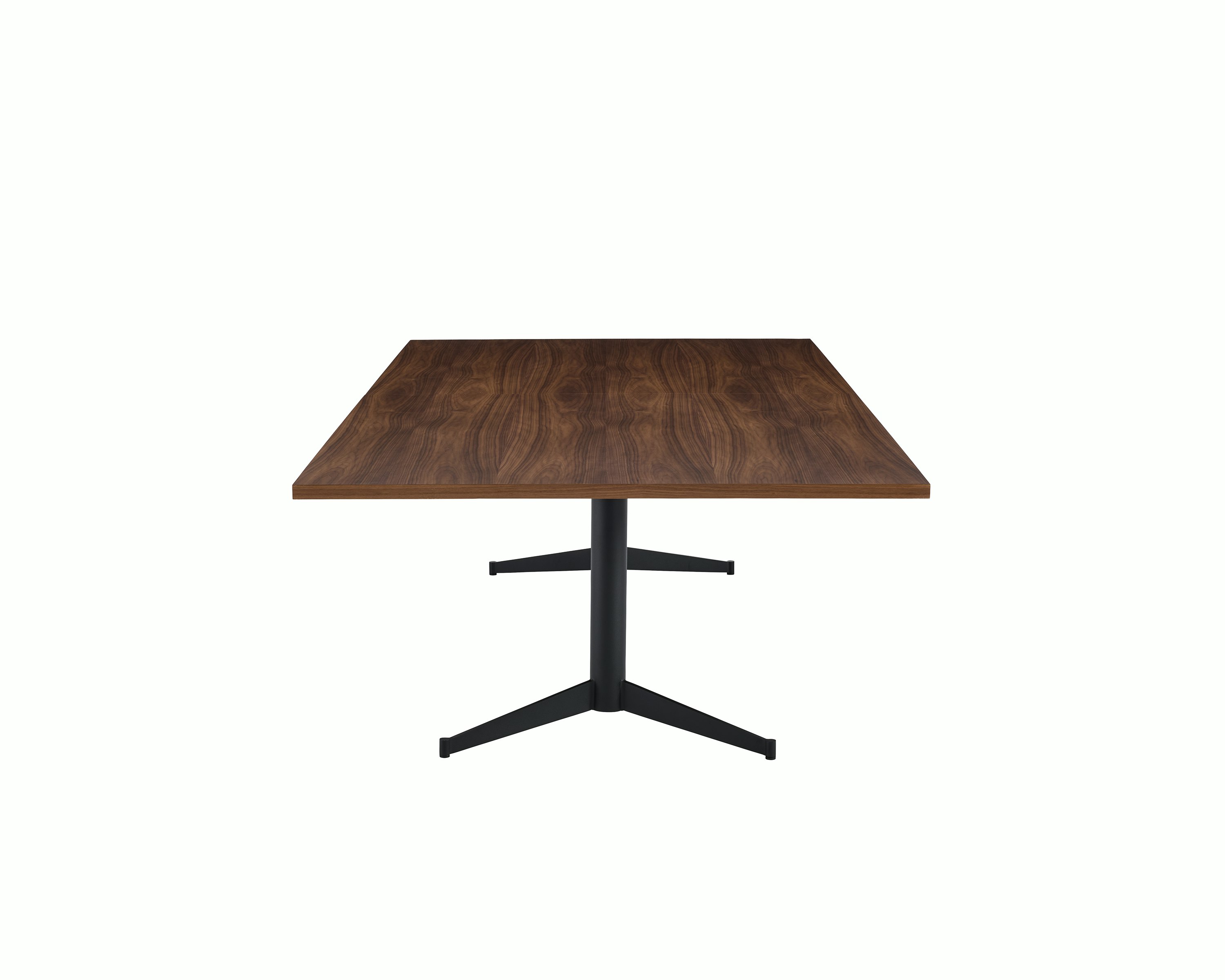 MP Table designed by Amir Paknya for Geiger in Natural Flat Cut Walnut with a Matte Black base shown on a white sweep, side view.