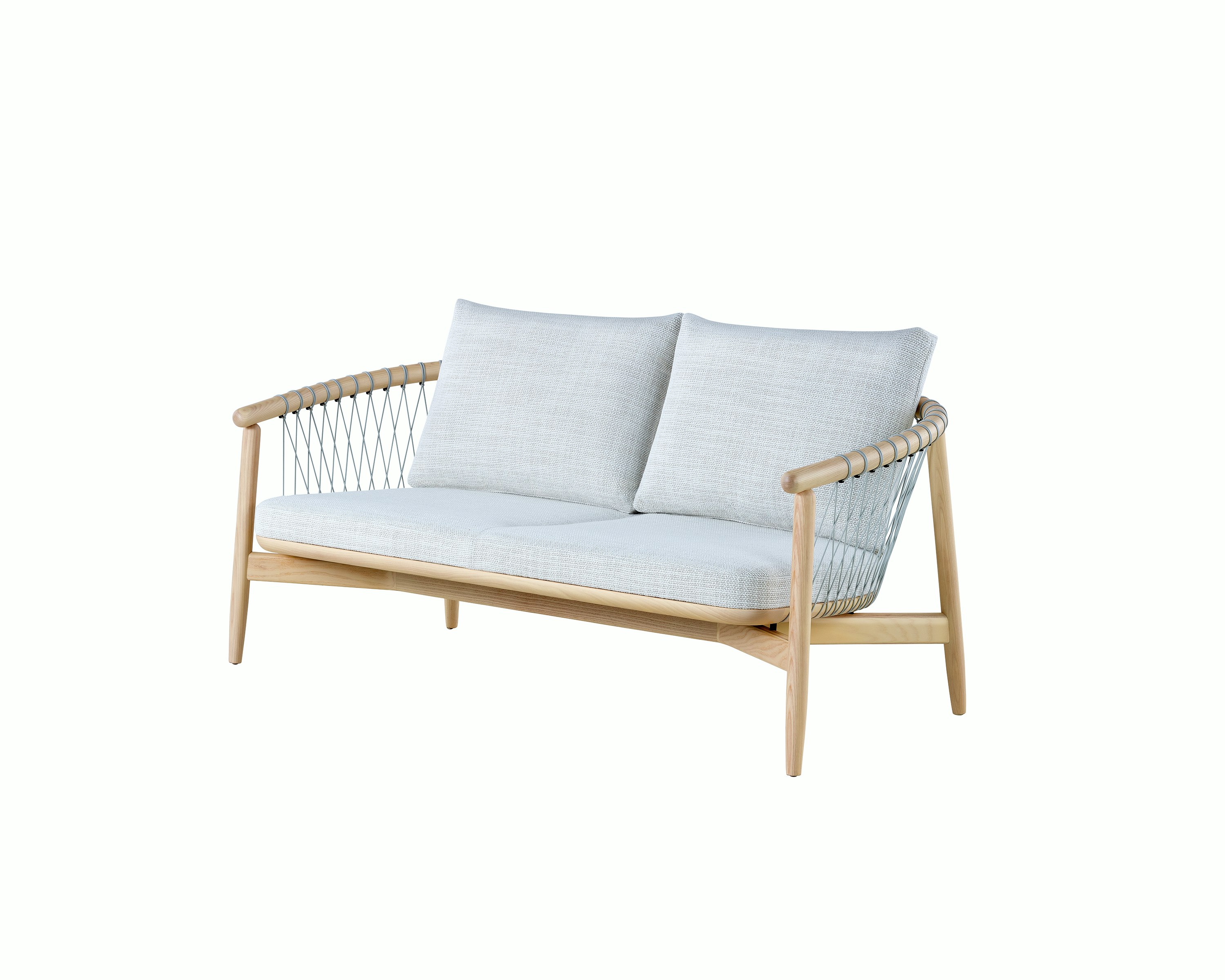 A light-colored Crosshatch Settee featuring gray upholstery and a white ash frame. Viewed at an angle.