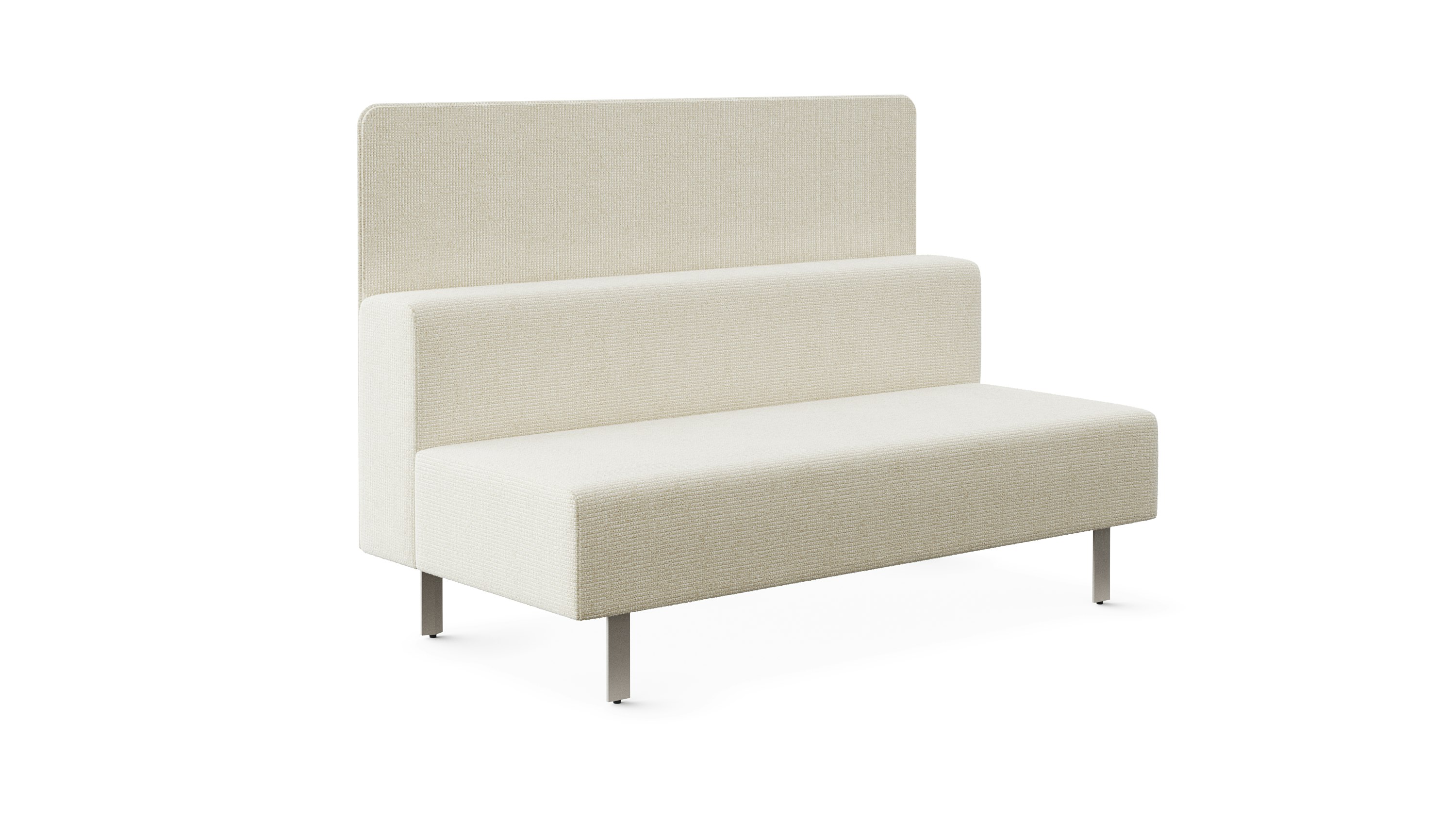 A light colored lounge bench is viewed from an angle with a privacy screen attached to the back of the lounge seat.