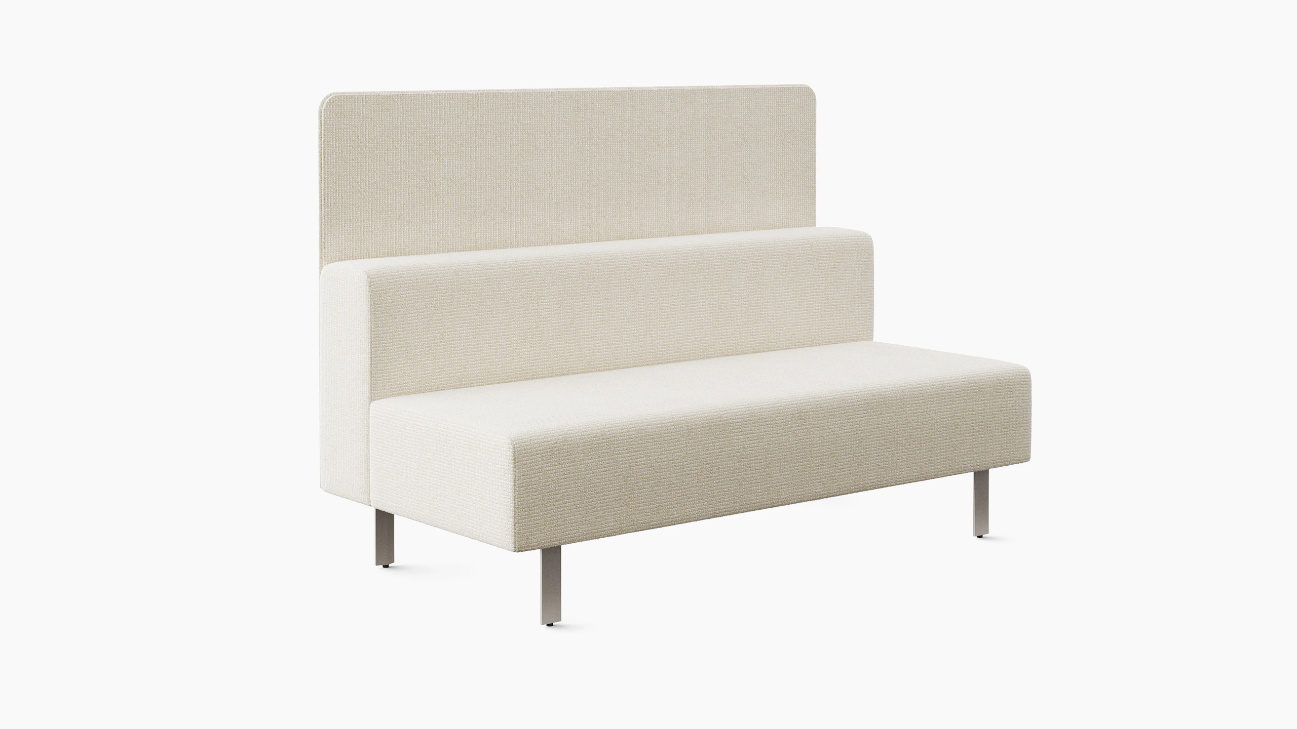 A light colored lounge bench is viewed from an angle with a privacy screen attached to the back of the lounge seat.