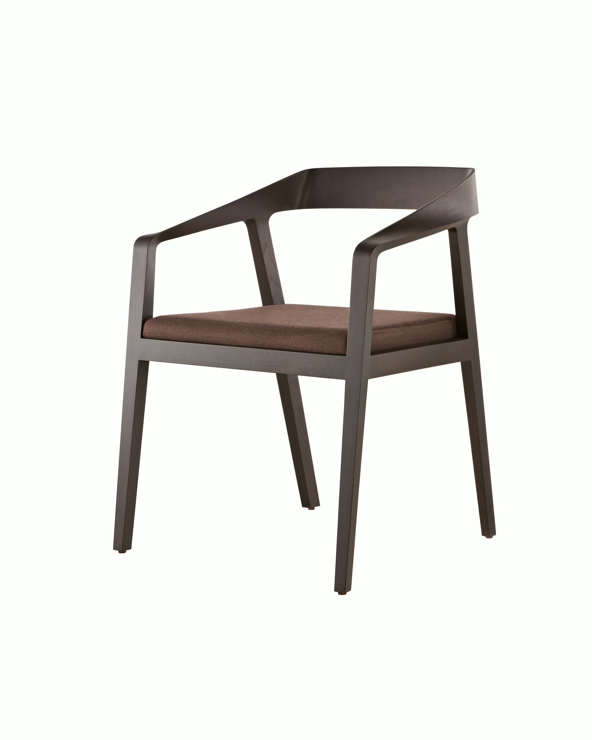 Angled view of a Full Twist Guest Chair with a brown fabric seat pad and a wood frame in a dark finish.