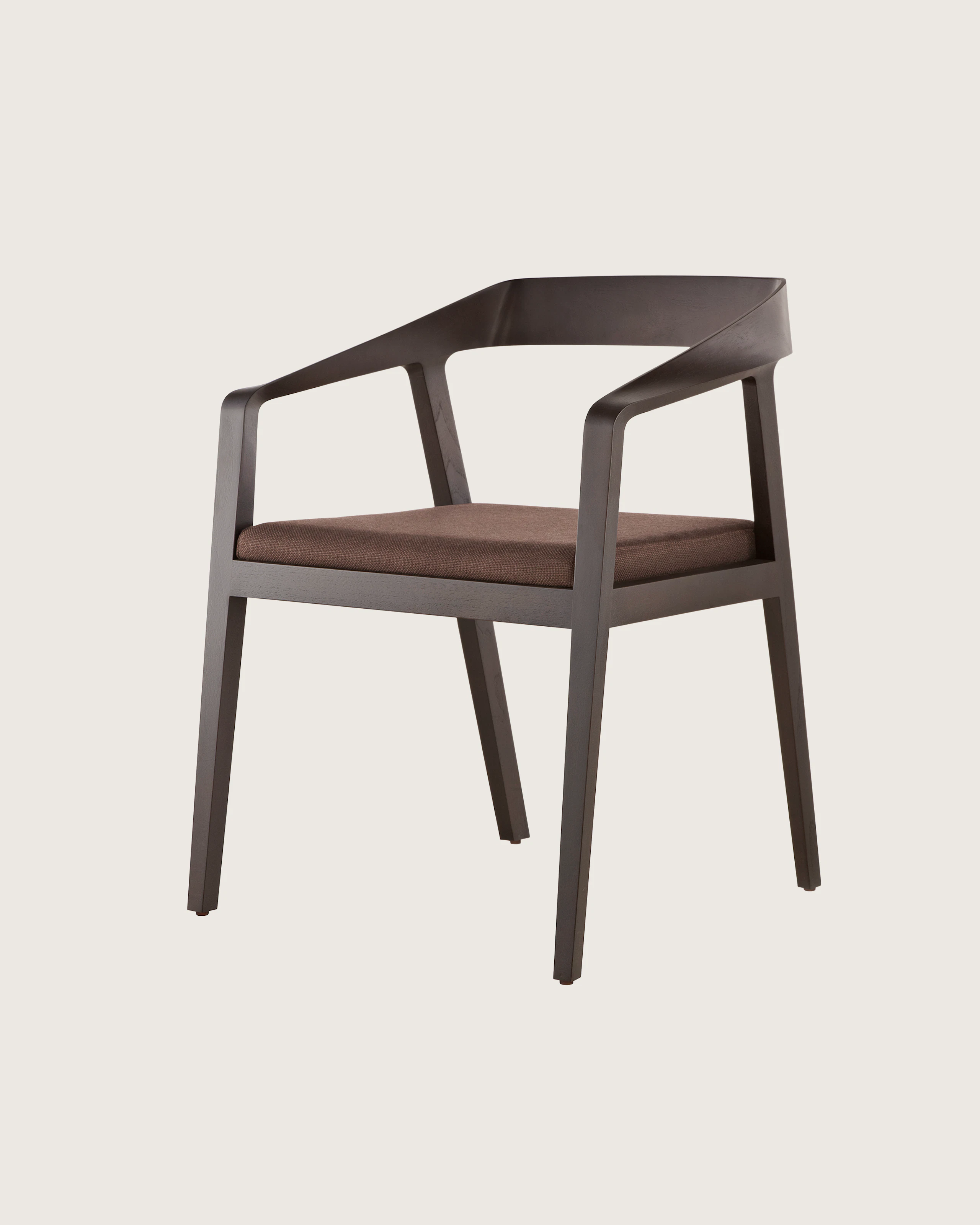 Angled view of a Full Twist Guest Chair with a brown fabric seat pad and a wood frame in a dark finish.