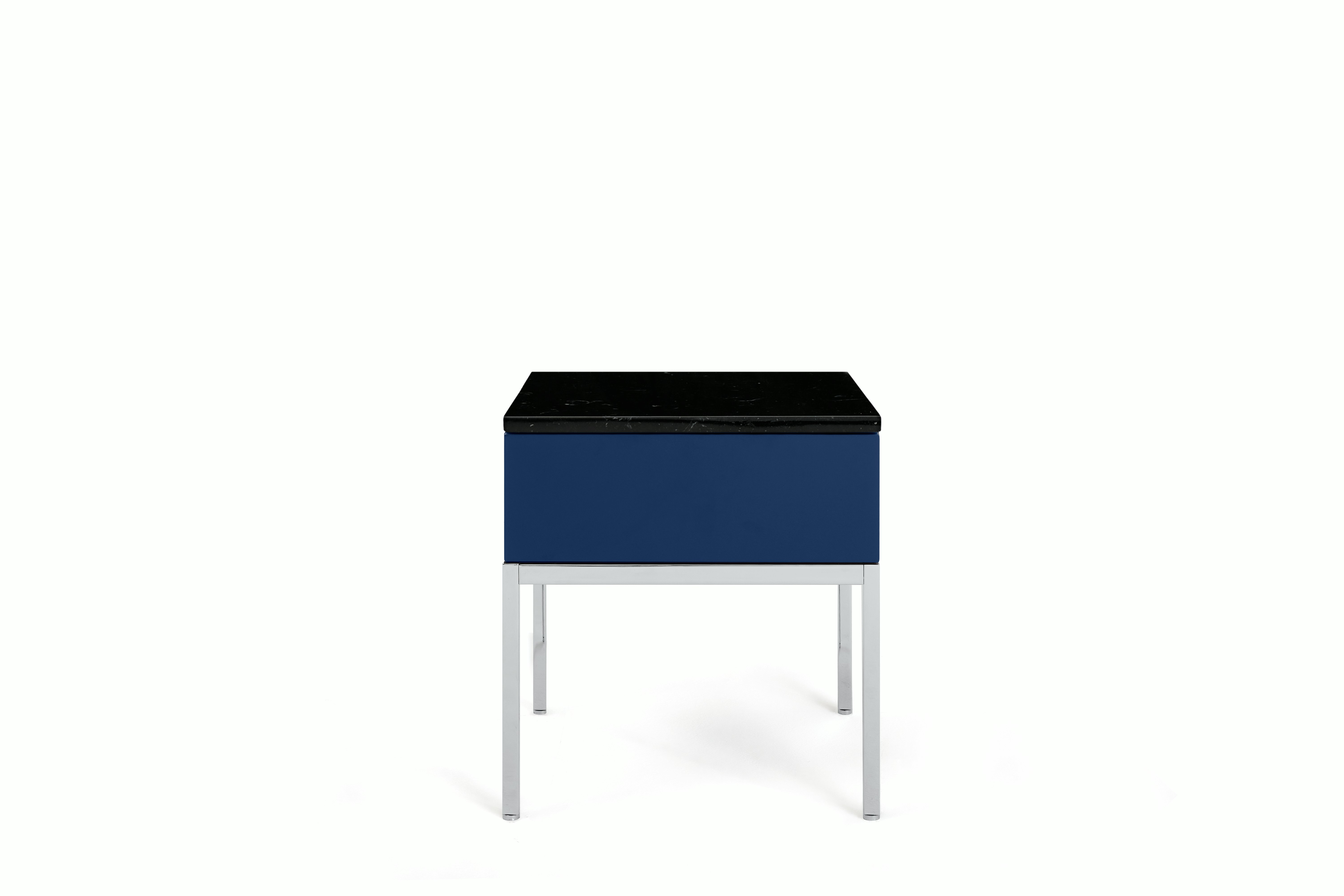 A Knoll Chermayeff Side Table in Iris Lacquer, Nero Marquina Polished Coated Marble viewed from the front.