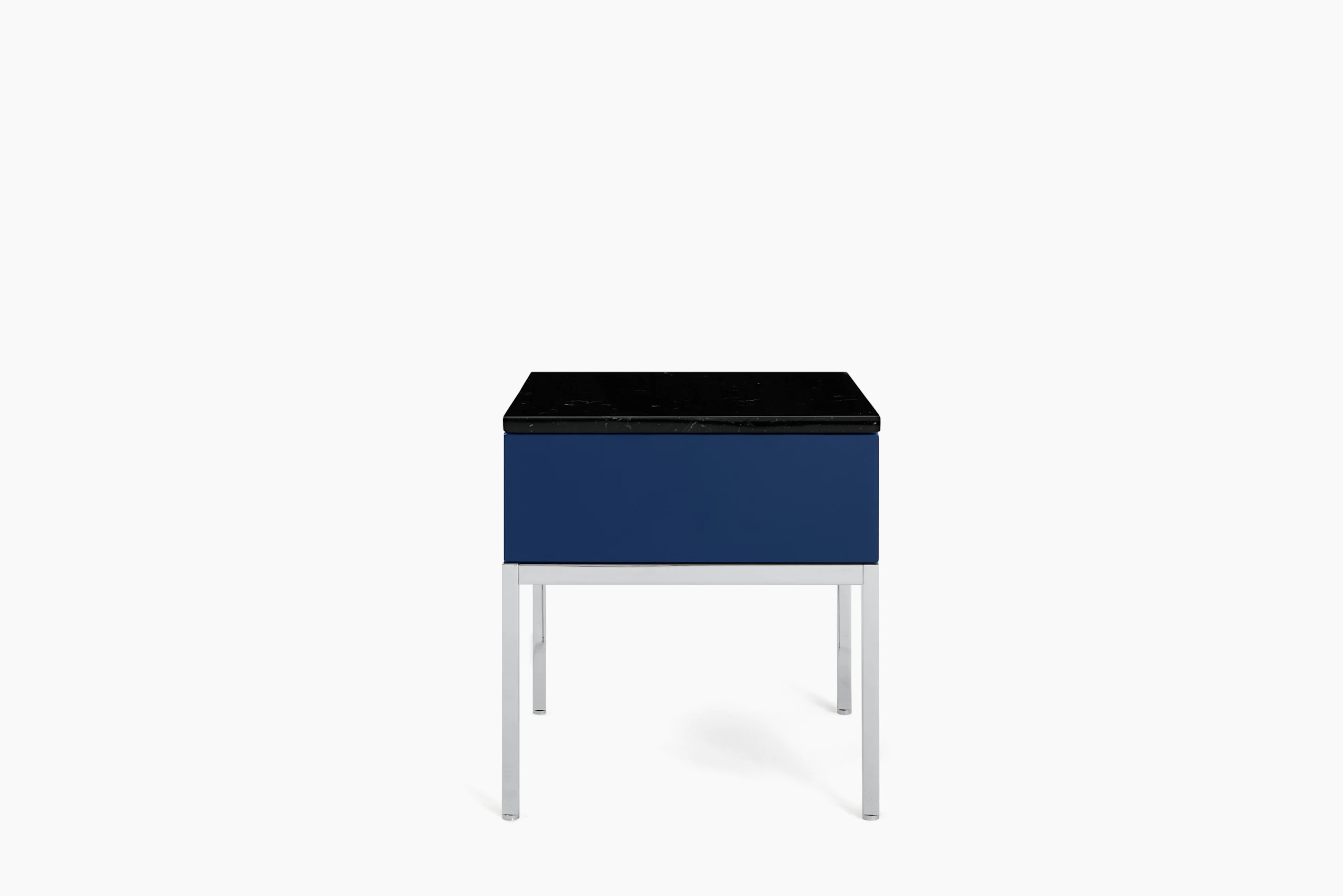 A Knoll Chermayeff Side Table in Iris Lacquer, Nero Marquina Polished Coated Marble viewed from the front.