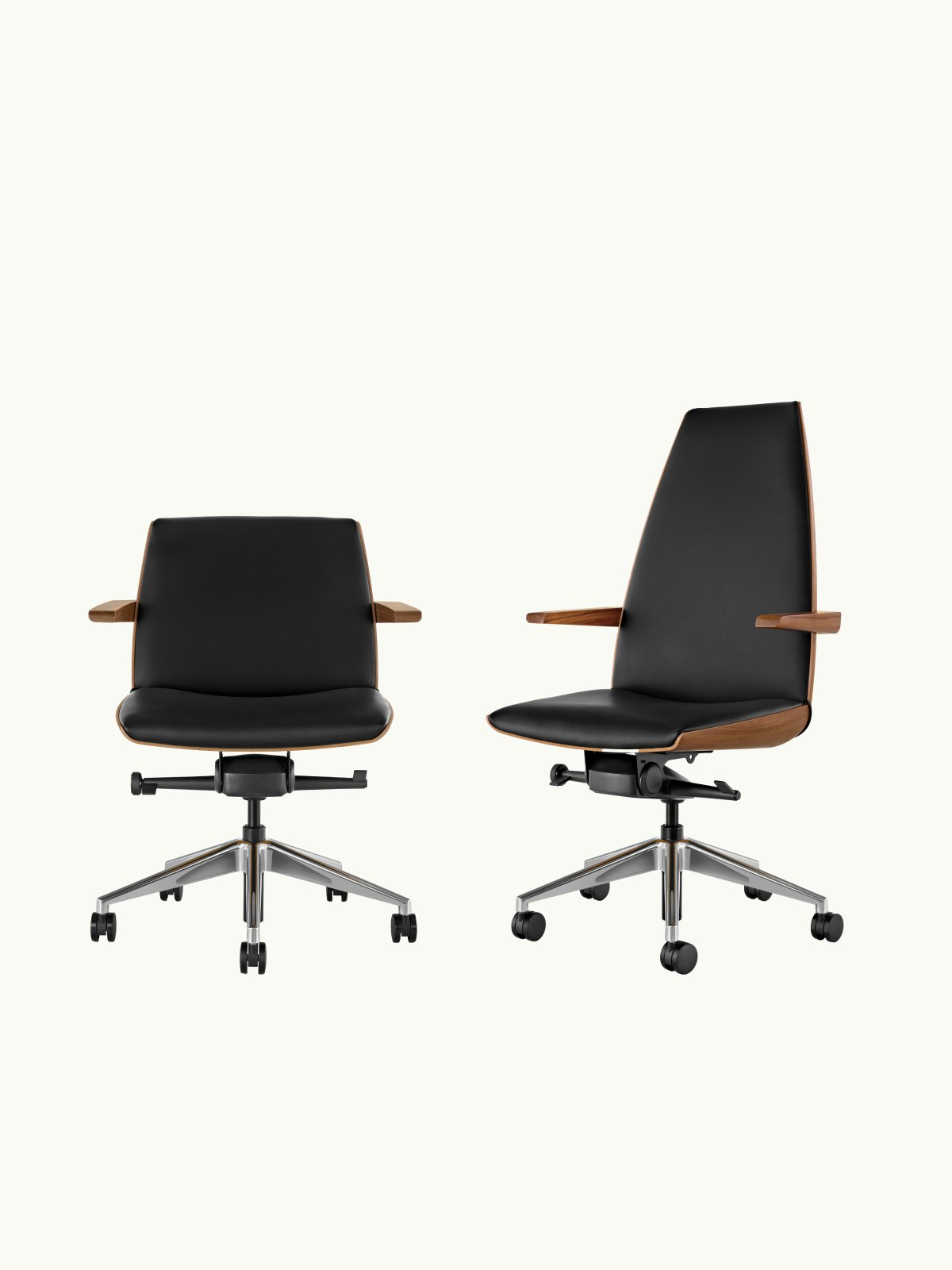 Clamshell office chairs with arms and black leather upholstery. One low back and one high back.