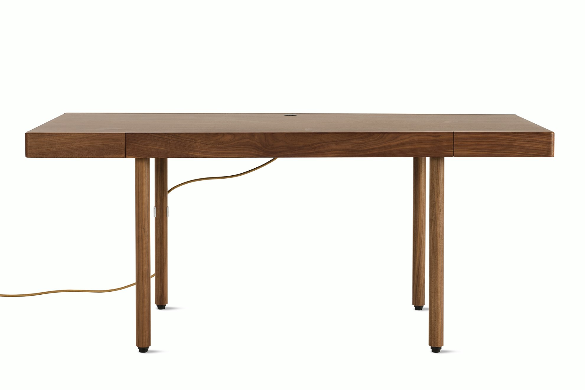 A New Canaan Wood Sit-to-Stand Desk in Walnut viewed from the front.