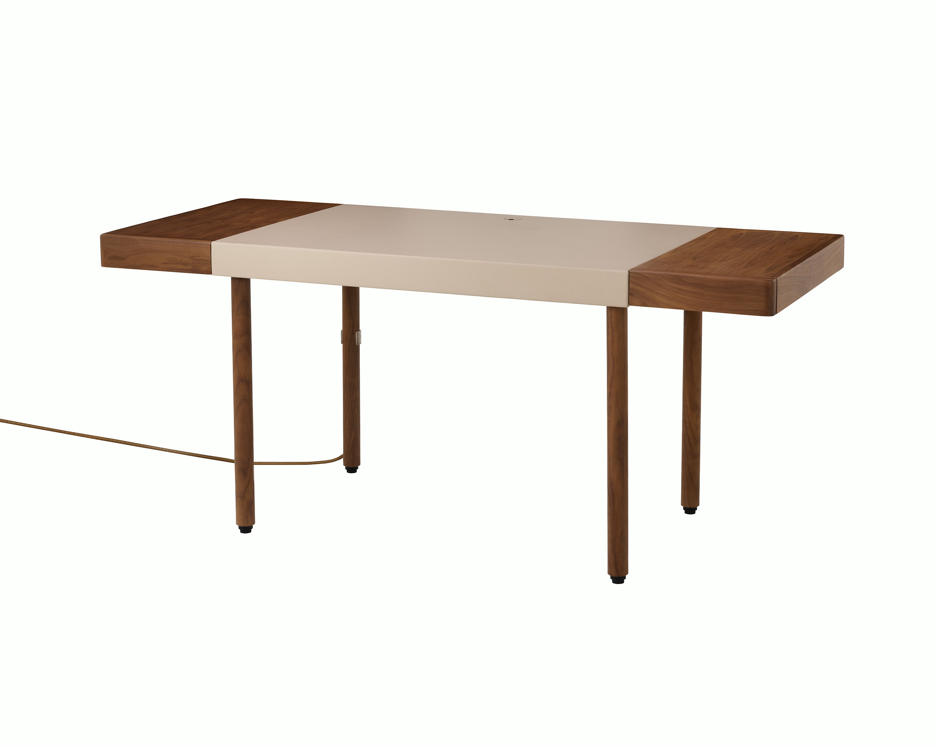 New Canaan Leatherwrap SIt-to-Stand Desk in Walnut and Champagne Leather, two drawers with cord, angled view.