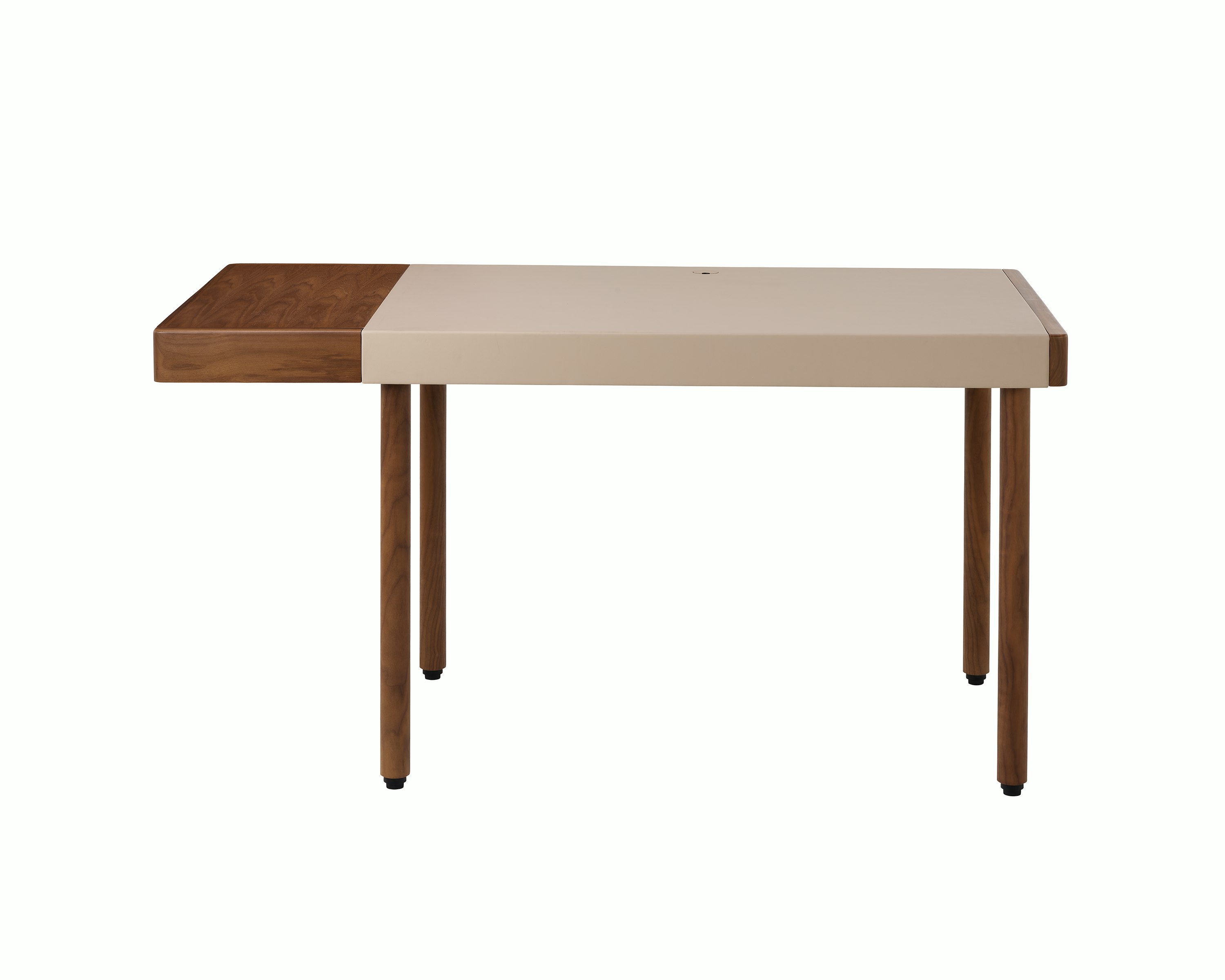 New Canaan Leatherwrap Sit-to-Stand Desk in Walnut and Champagne Leather, one drawer on left side, front view.