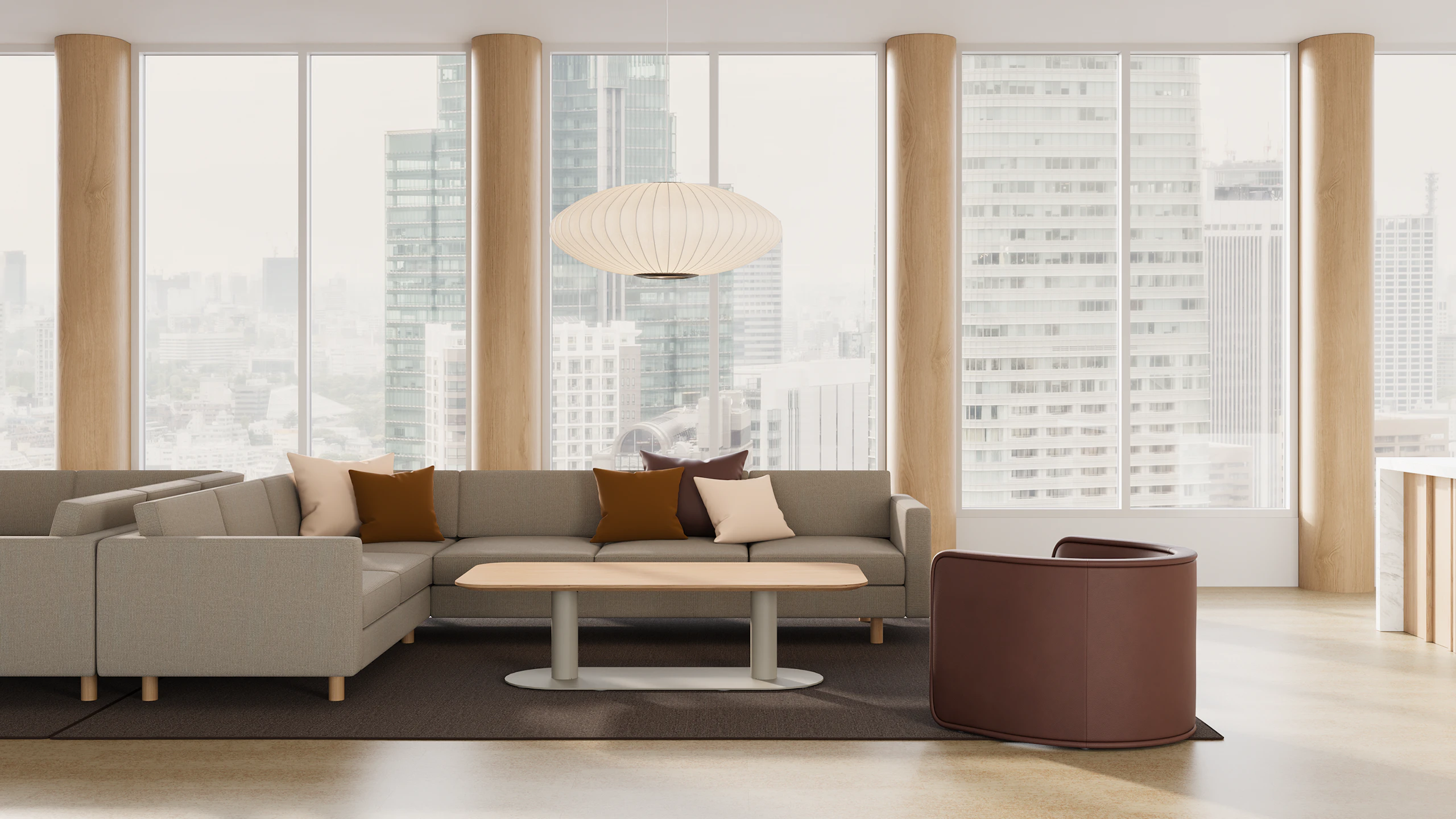 Headway Cafe Table in a seated-height, located in a lounge setting.