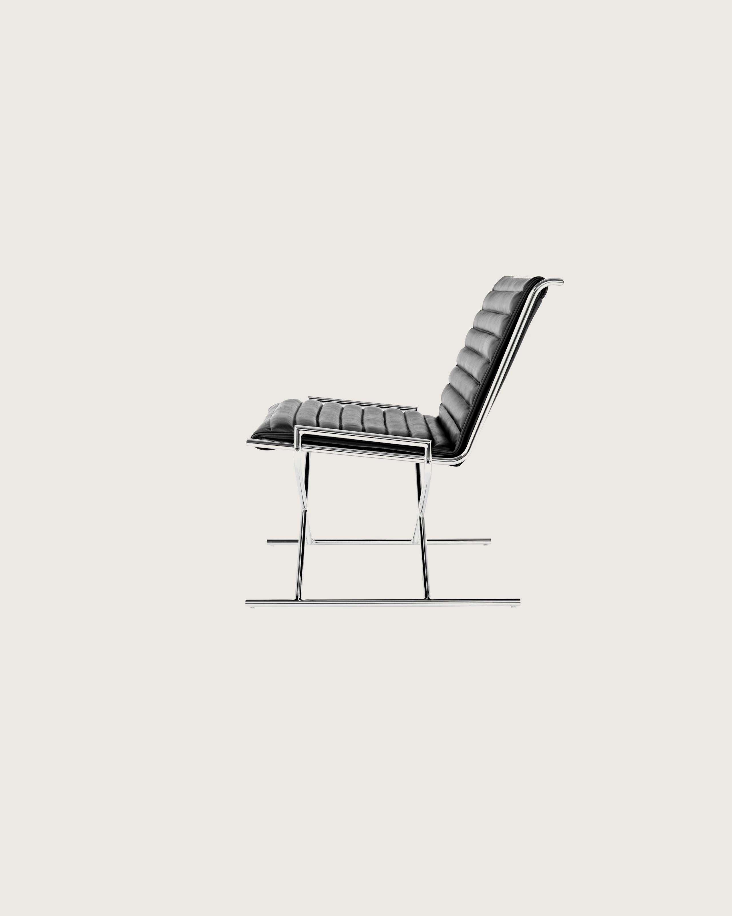 Side view of a Sled lounge chair with ribbed black leather upholstery.