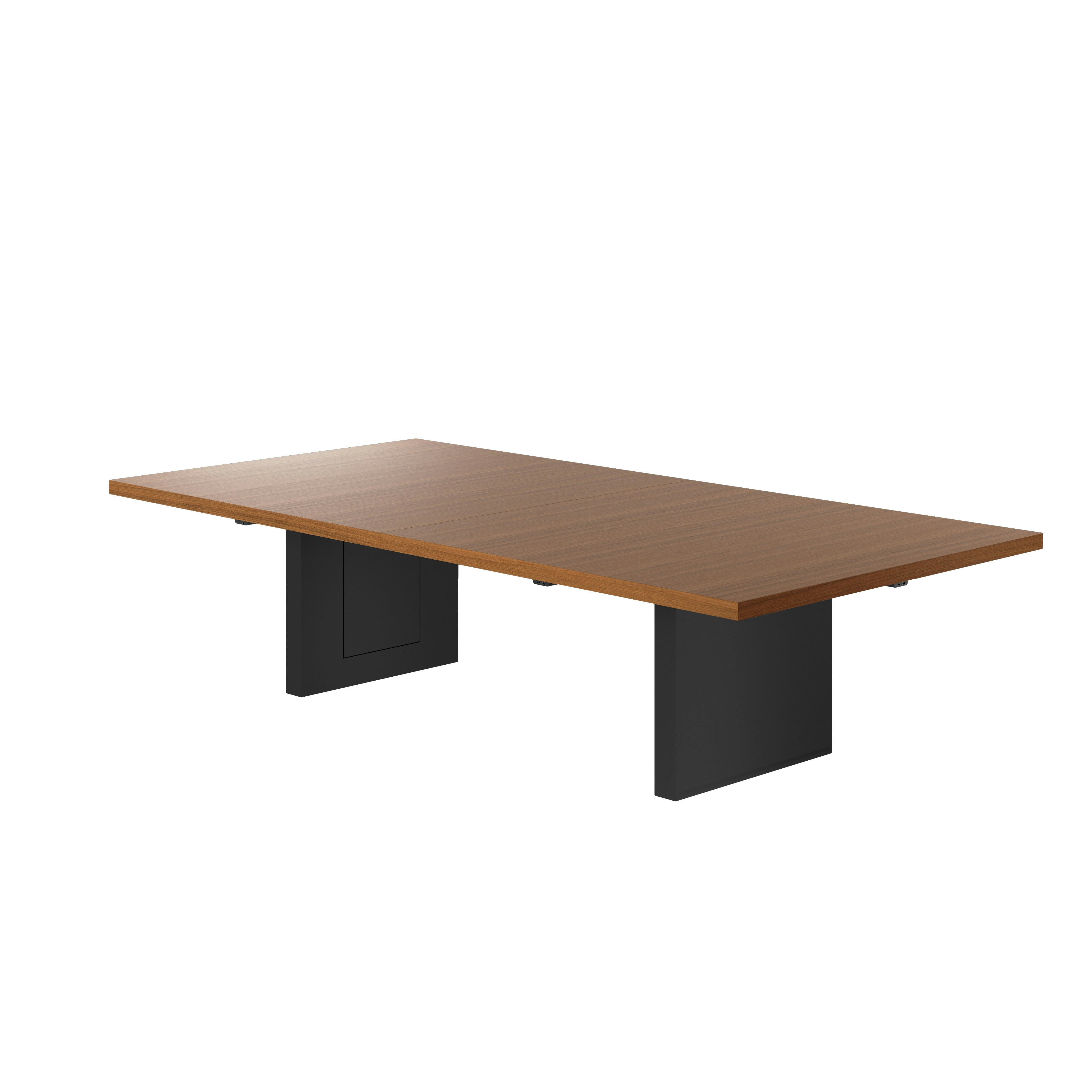 Rectangular JD Conference Table with a Natural Quarter Cut Walnut tabletop and Black base viewed from a 45 degree angle.