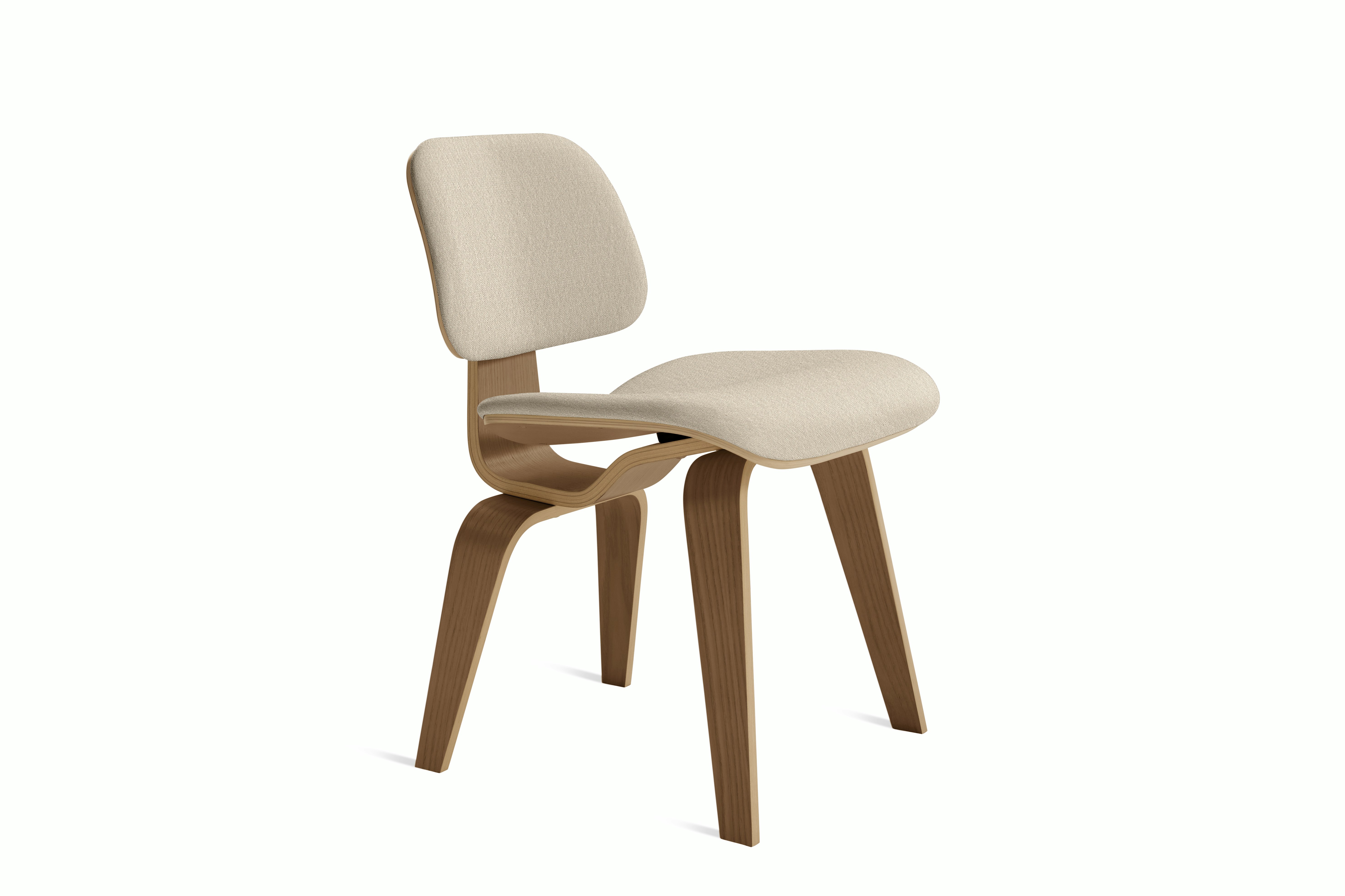 Eames Molded Plywood Dining Chair Wood Base (DCW) - Side Chair, Upholstered, Walnut, Album Linen, Gentle