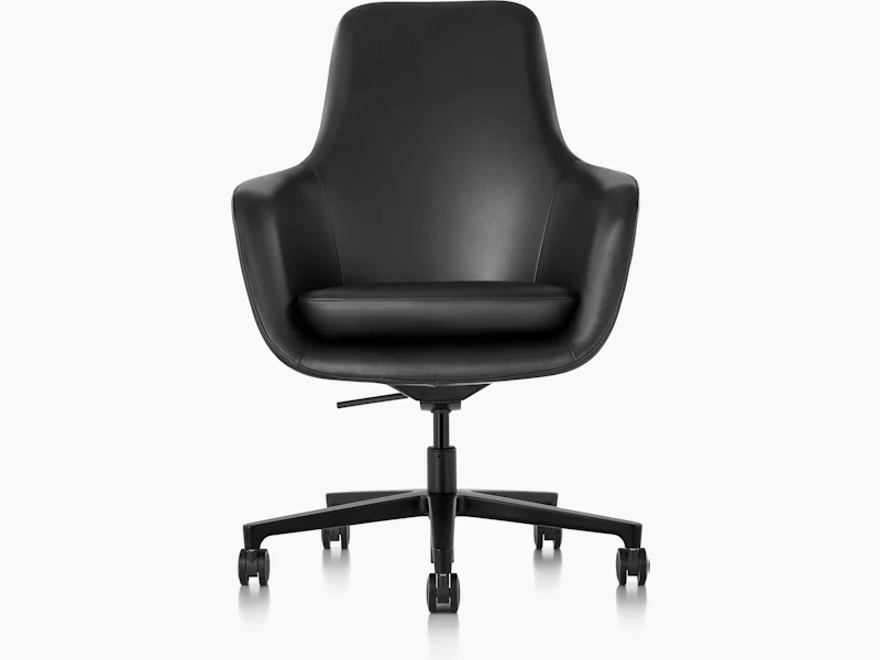 A high-back Saiba office chair with black leather upholstery and a five-star base, viewed from the front.