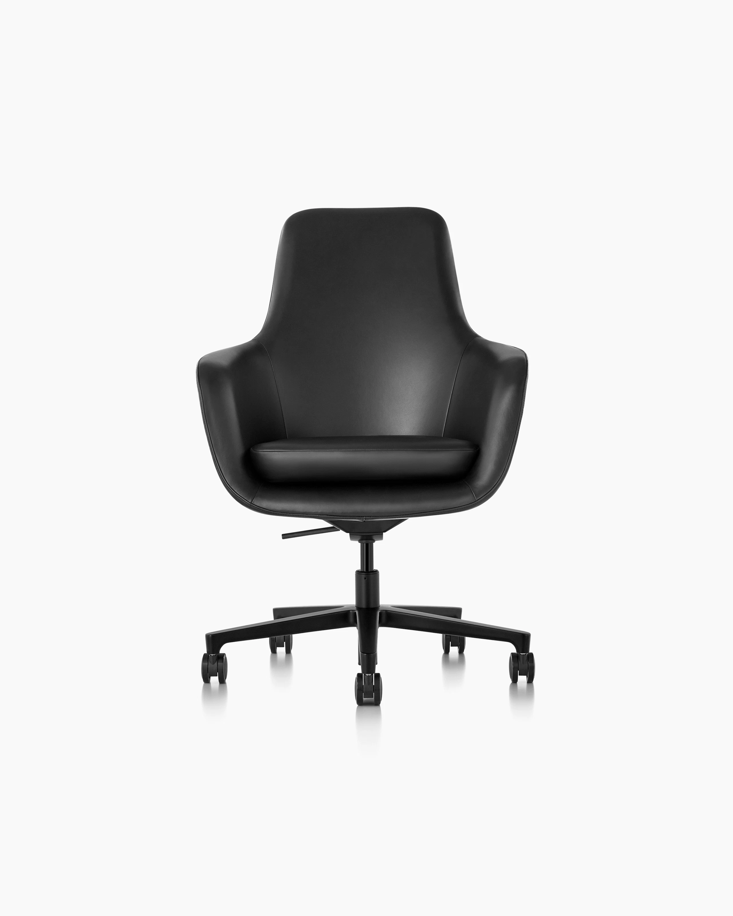 A high-back Saiba office chair with black leather upholstery and a five-star base, viewed from the front.