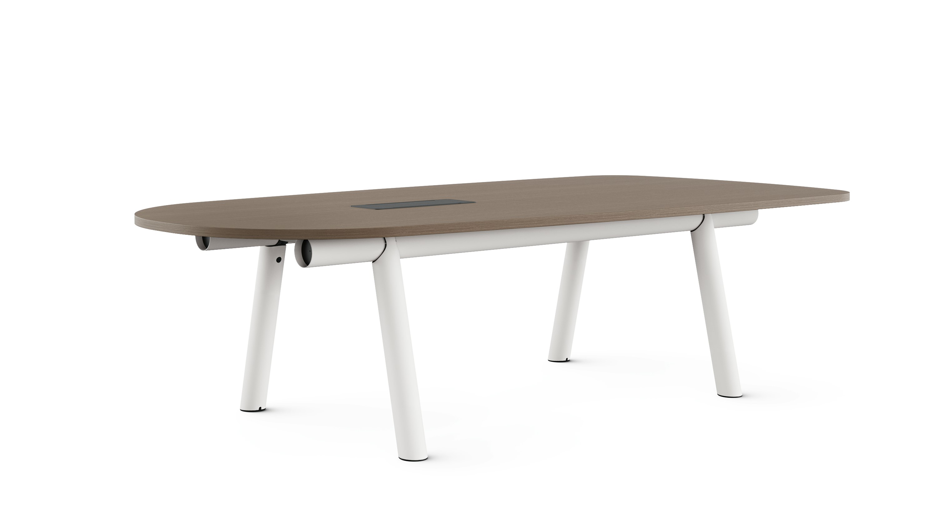 Boa Table with walnut tope, seated height, white base, black tech bucket.