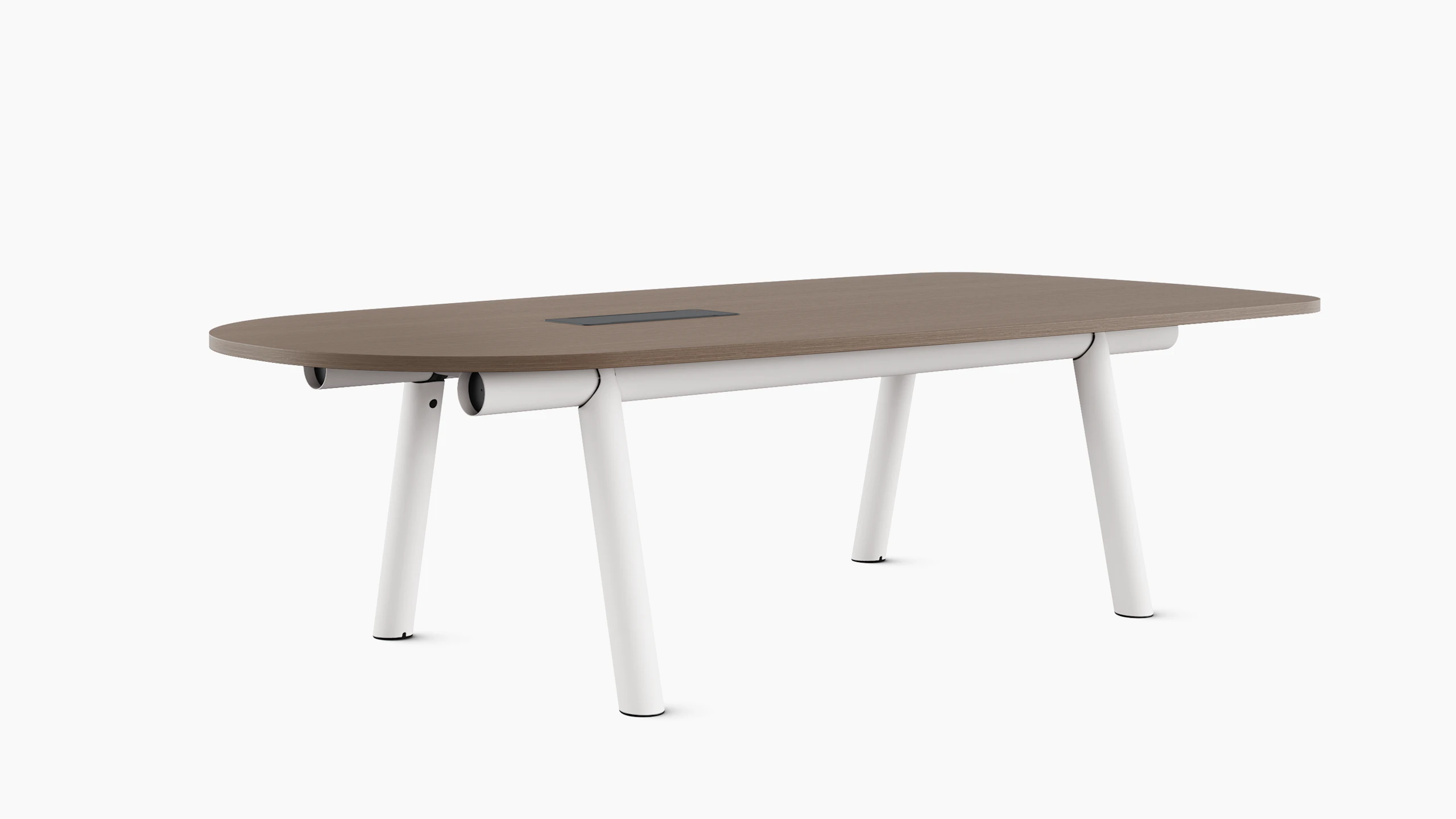 Boa Table with walnut tope, seated height, white base, black tech bucket.