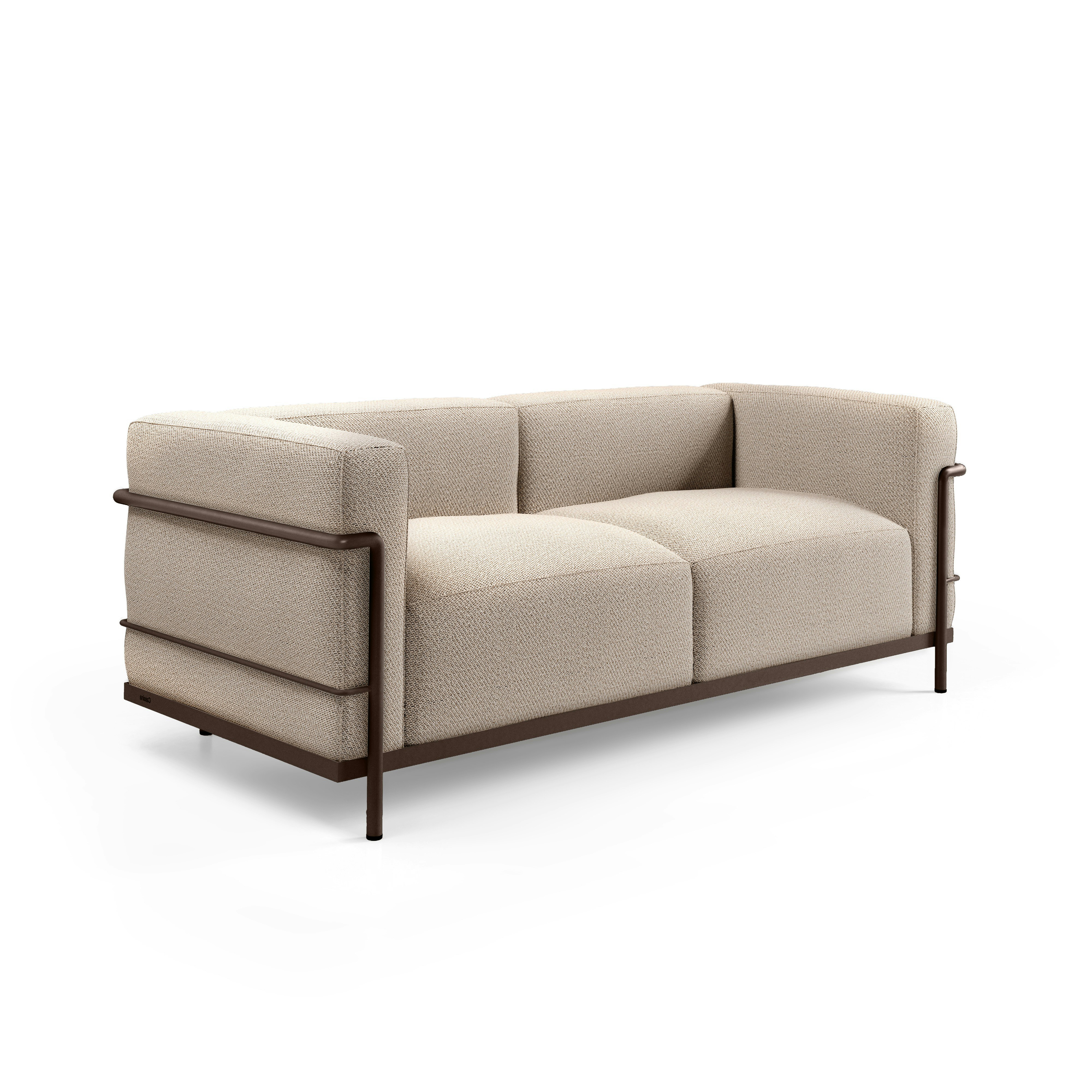 An LC Outdoor Lounge Chair\ in Textured Brown and Kemi Bianco viewed at an angle