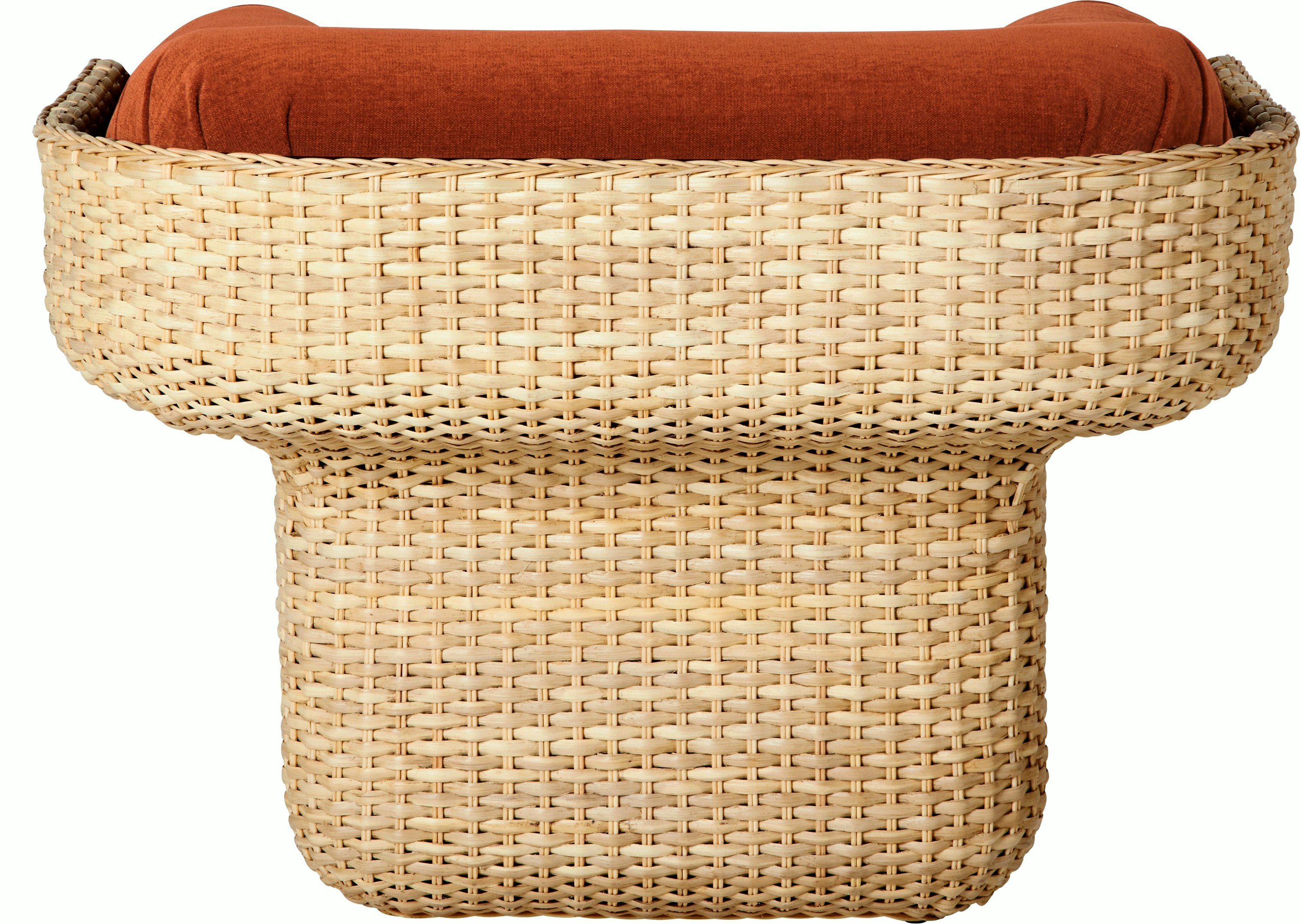A Basket Lounge Chair in Rust, Rattan viewed from behind.