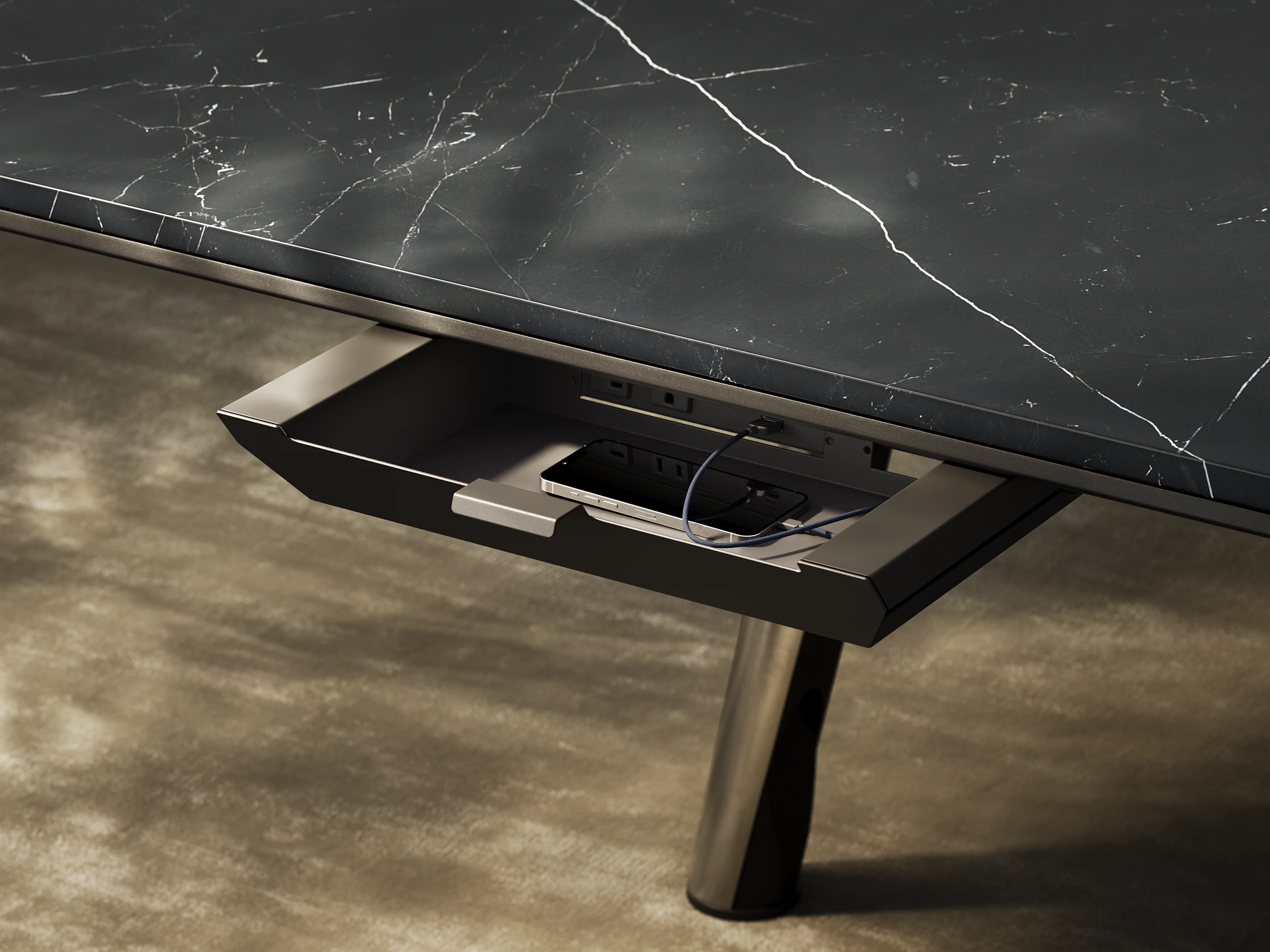 Detail shot of the Ascent Conference Table designed by EOOS showing open power drawer.