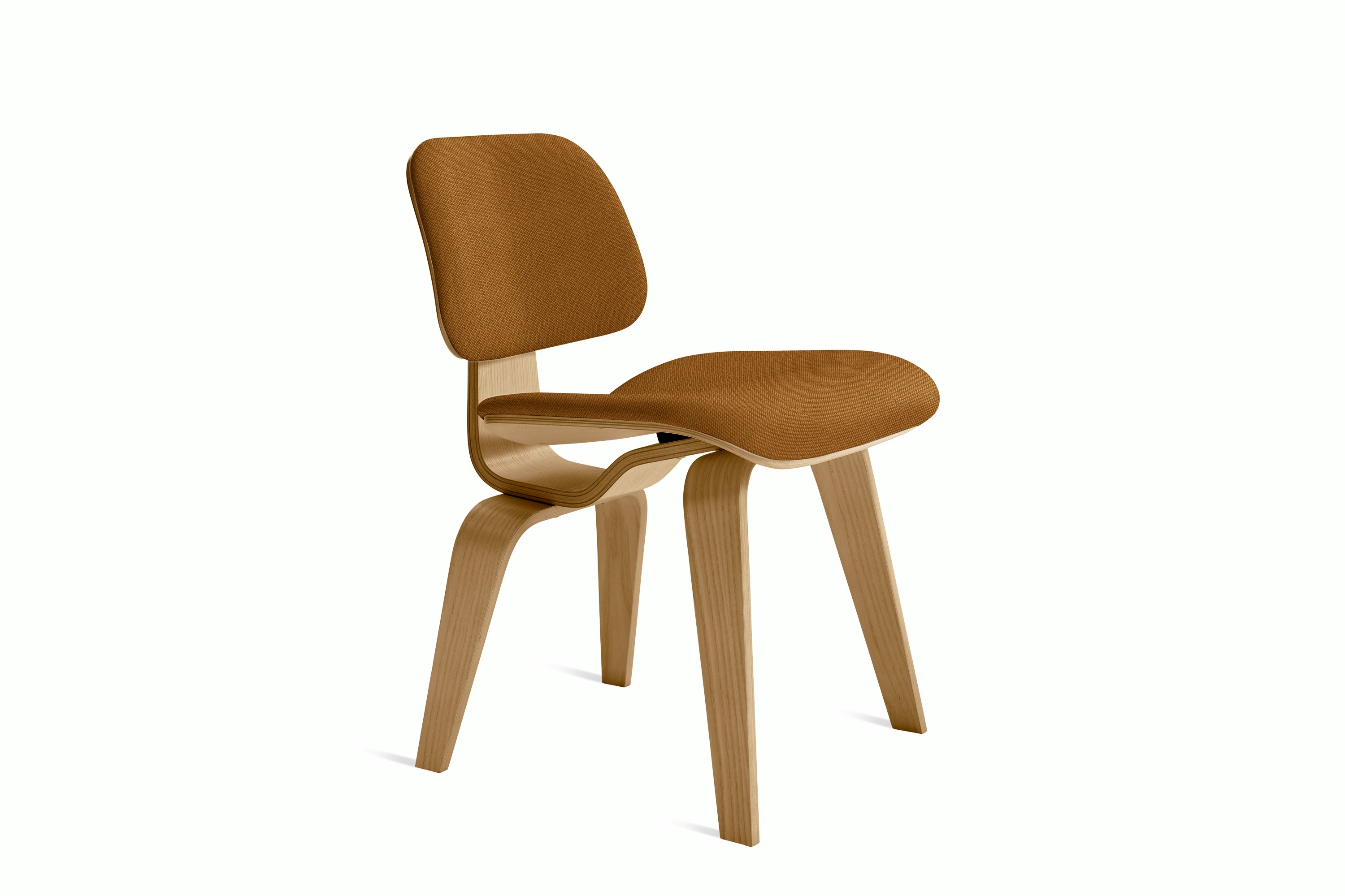 A Eames Molded Plywood Dining Chair Wood Base (DCW) in oak nutmeg viewed from an angle.