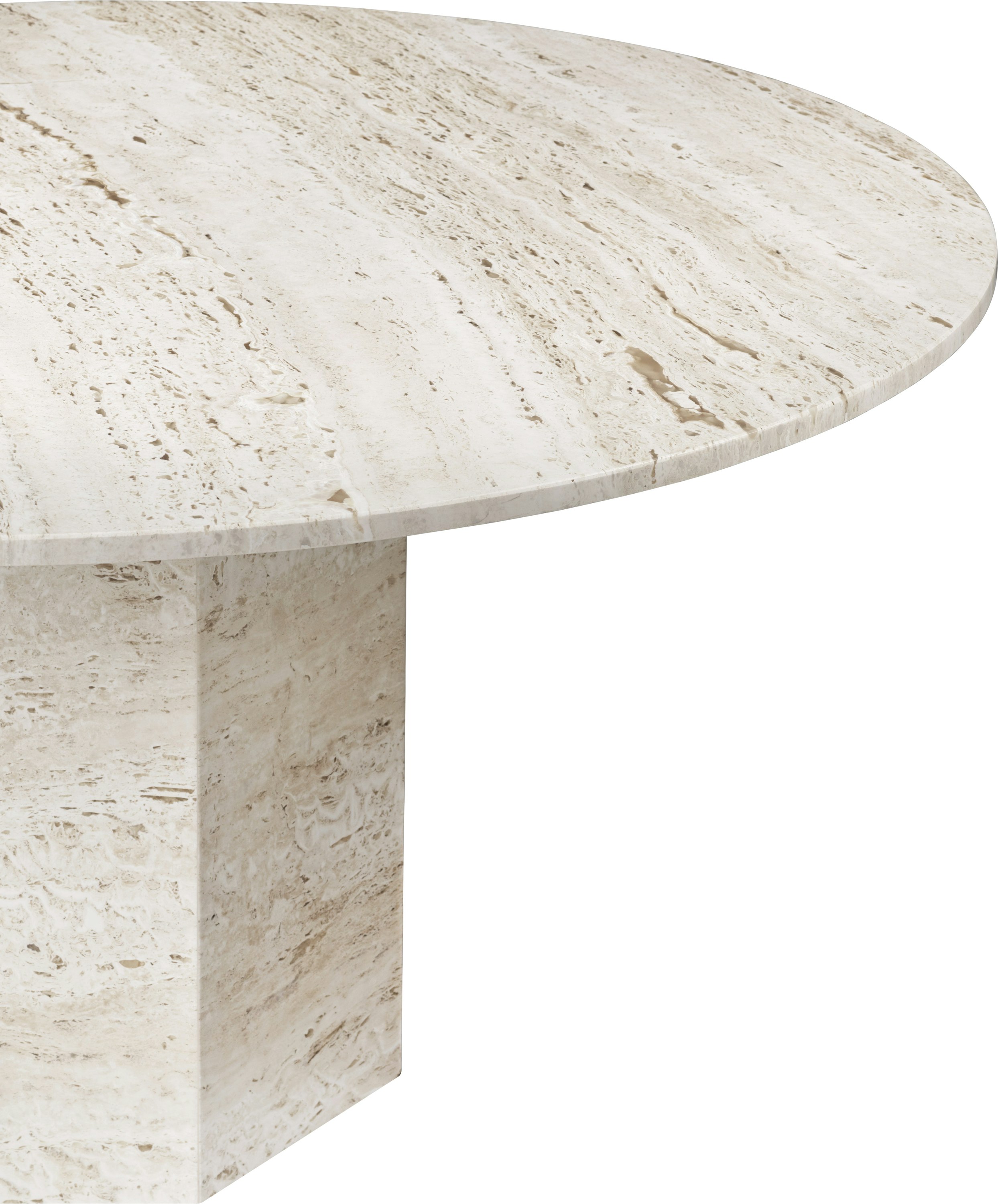 A detailed look at Epic Dining Table in Travertine, Neutral White.