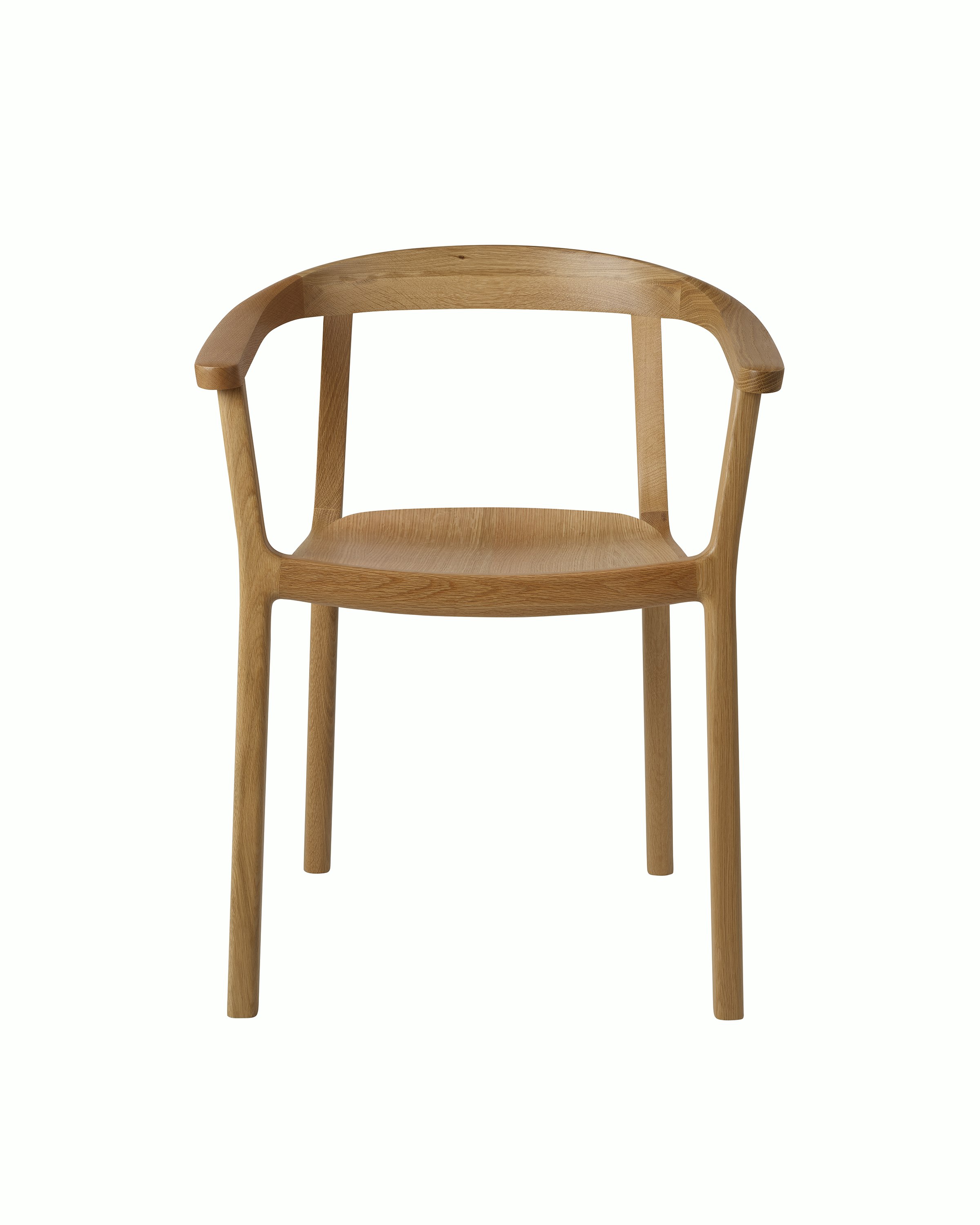 Lijn Armchair by Carole Baijings for Geiger in Natural Oak frame, front view on a white sweep.