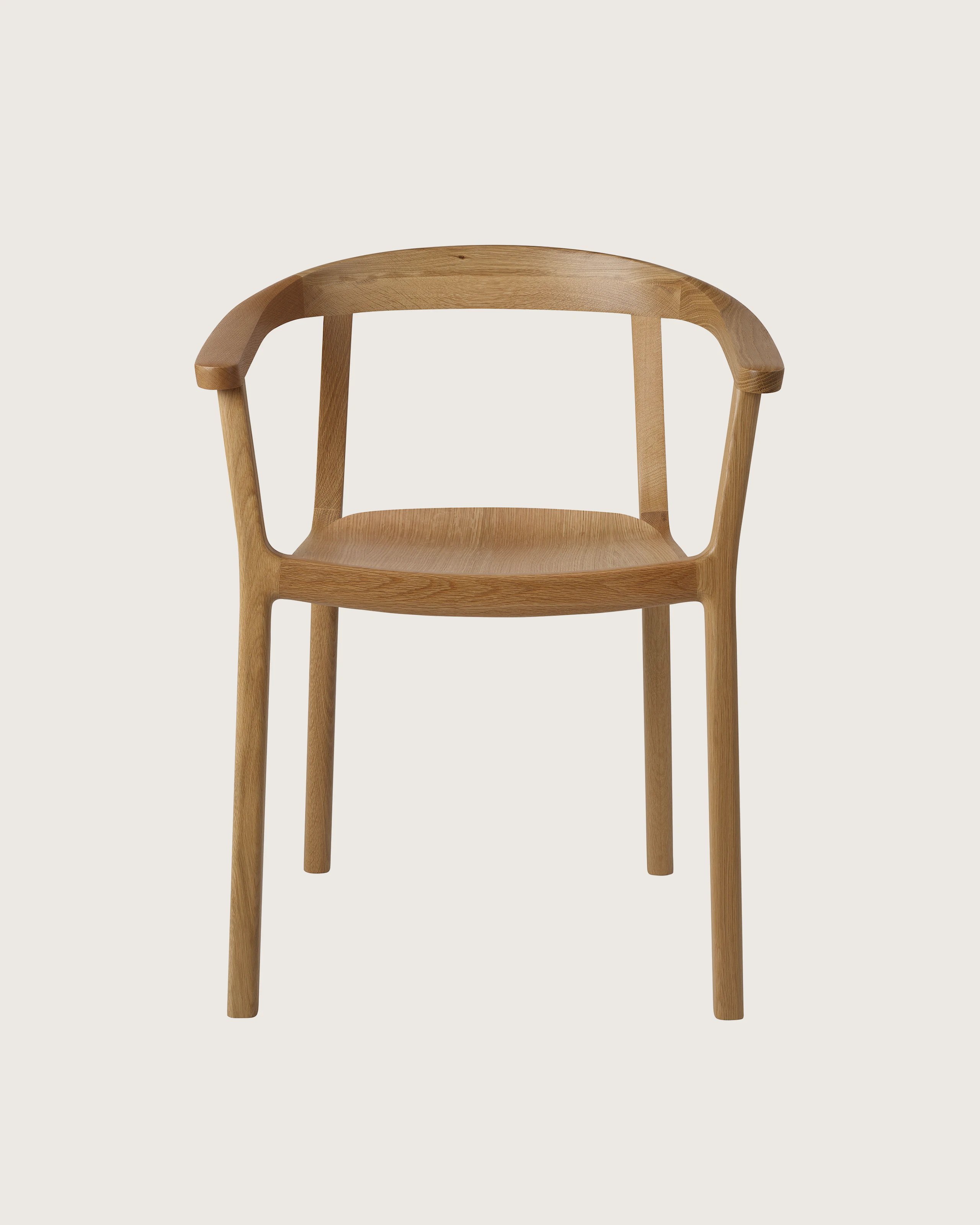 Lijn Armchair by Carole Baijings for Geiger in Natural Oak frame, front view on a white sweep.