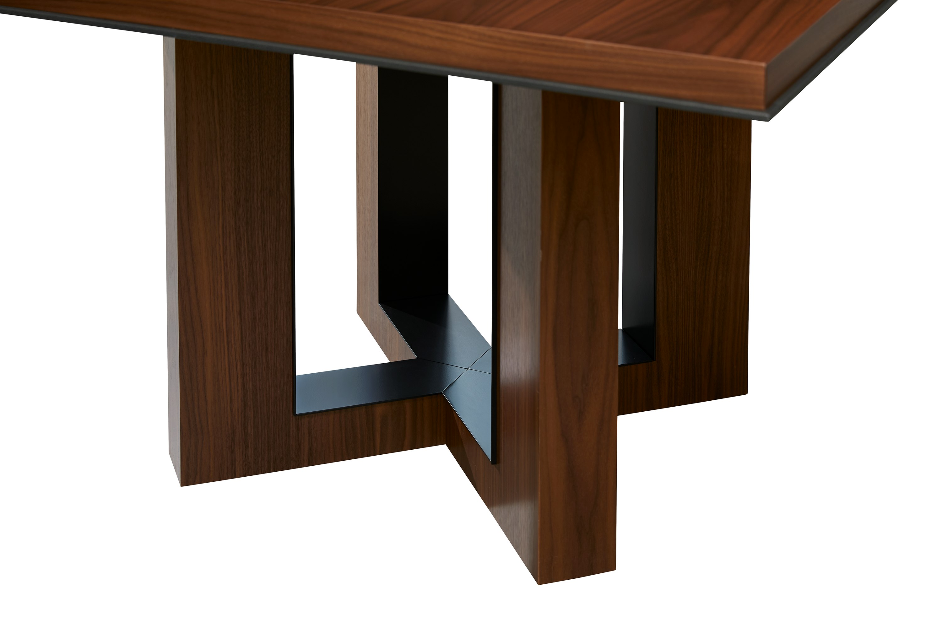 Highline 50 Meeting Table with Plain Sliced Walnut top and base, Black Metal trim, detail view.
