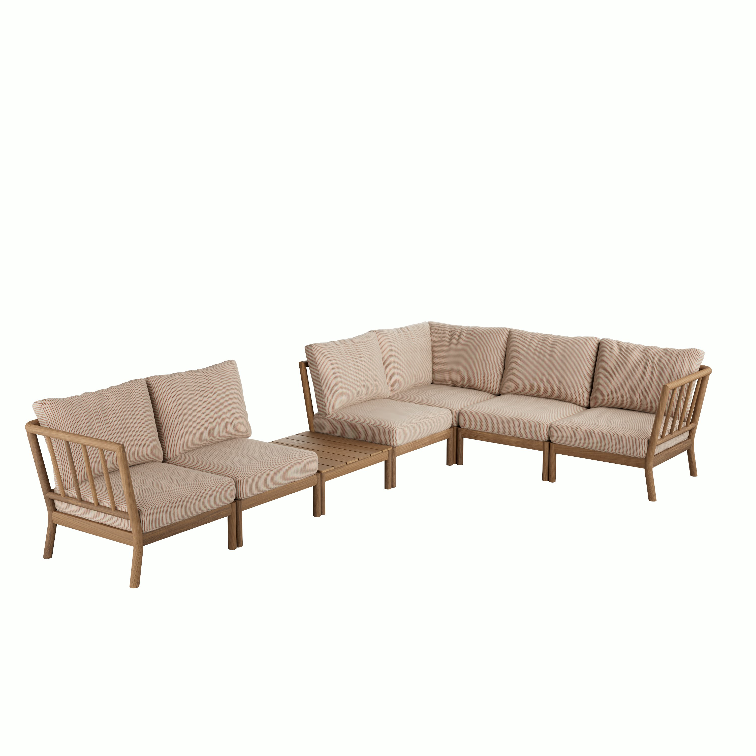 A Tradition Outdoor Corner Sectional with Table in Clementine viewed from an angle.