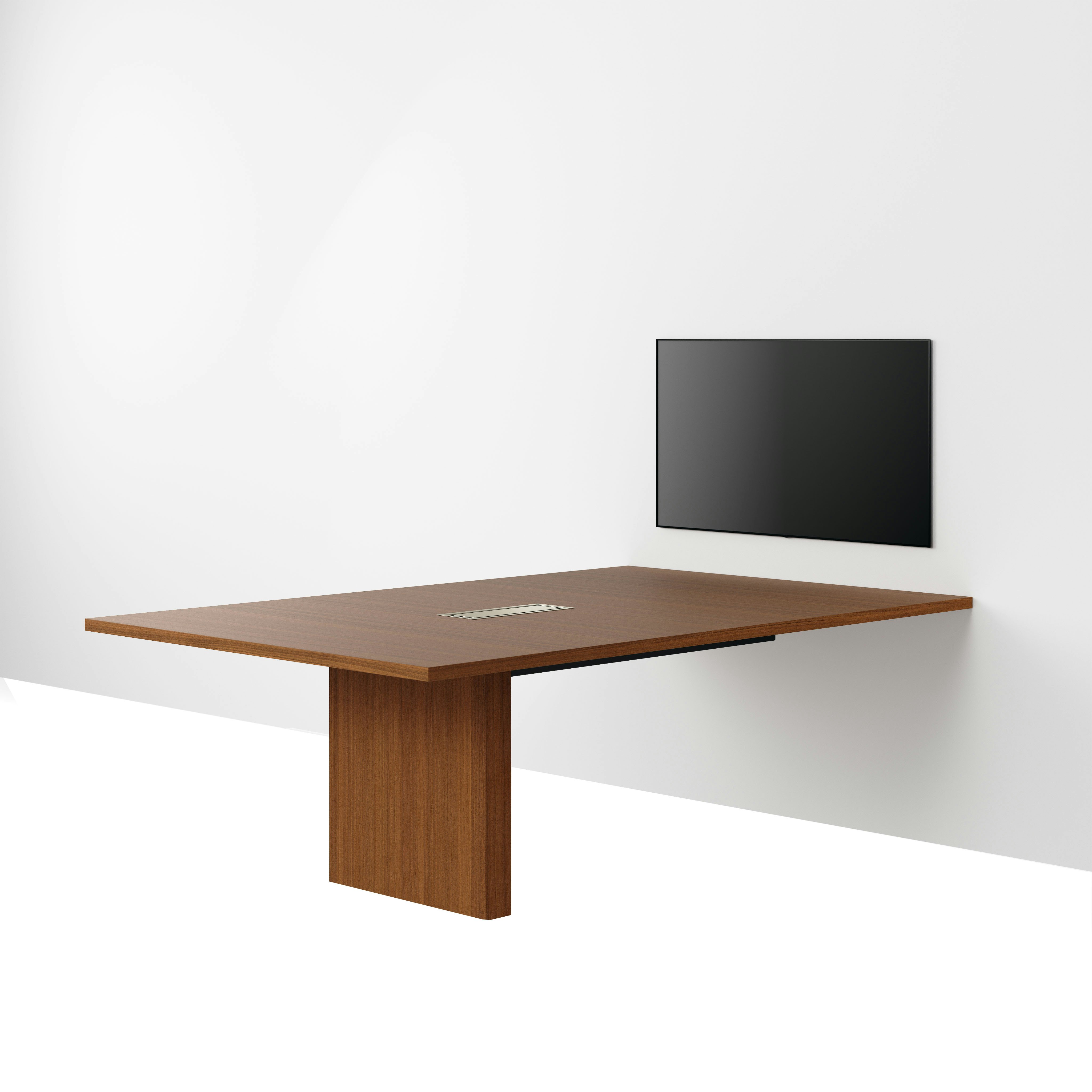 JD Media Table in Natural Quarter Cut Walnut with a 1 and 1/4 inch thick top viewed from a 45 degree angle. 