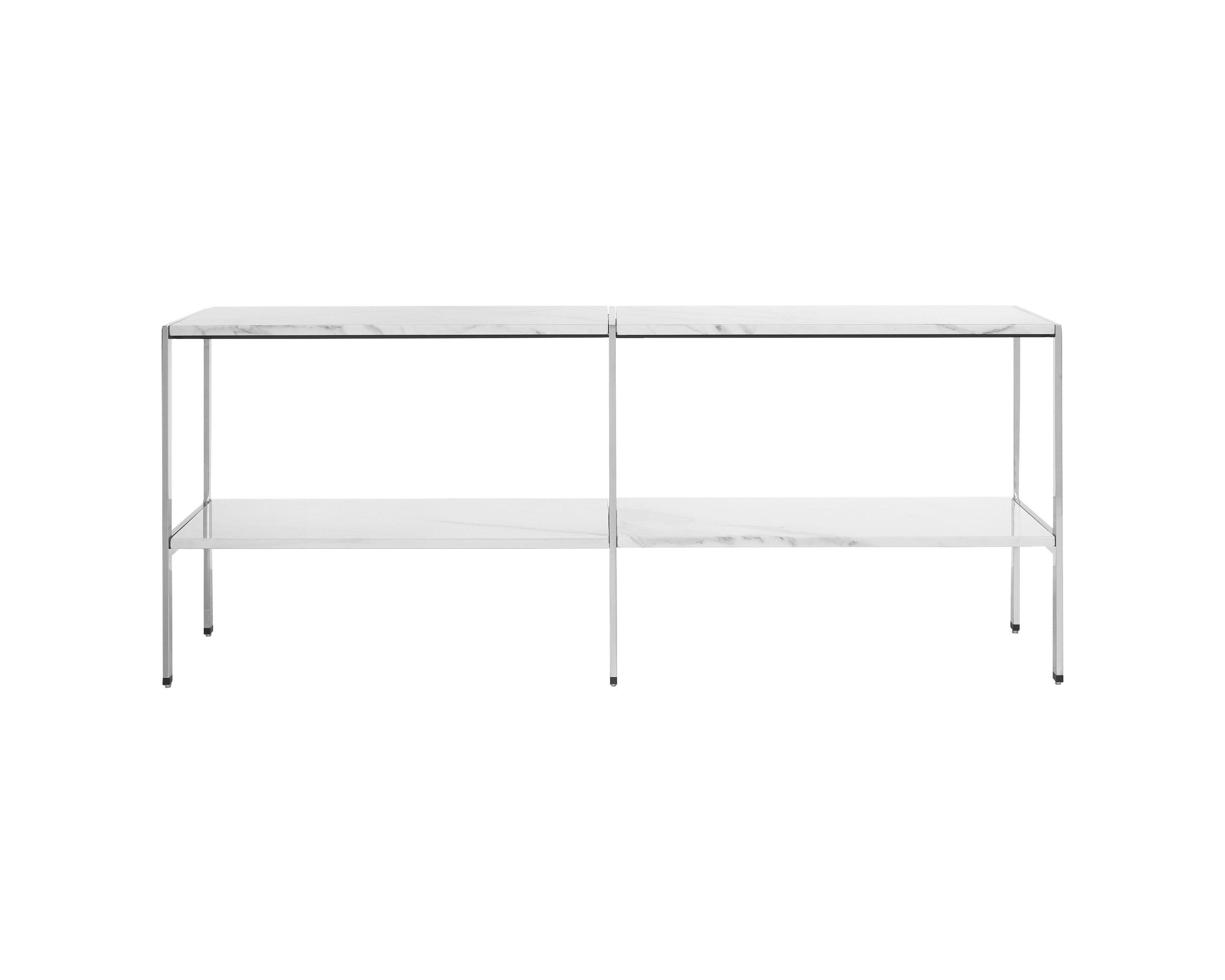 Partial view of an H Frame Storage credenza with open shelving modules, showing the H-shaped metal frame.