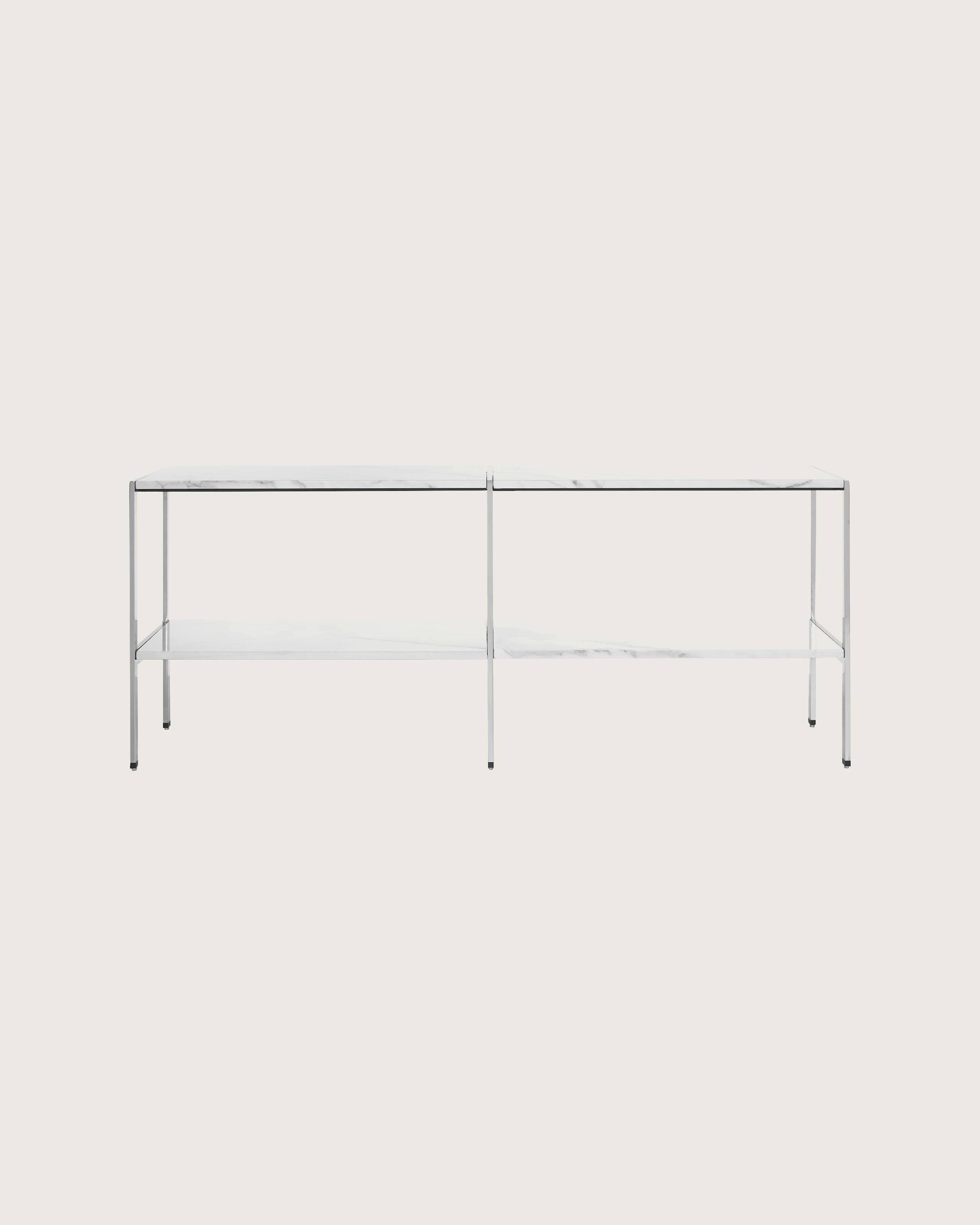 Partial view of an H Frame Storage credenza with open shelving modules, showing the H-shaped metal frame.