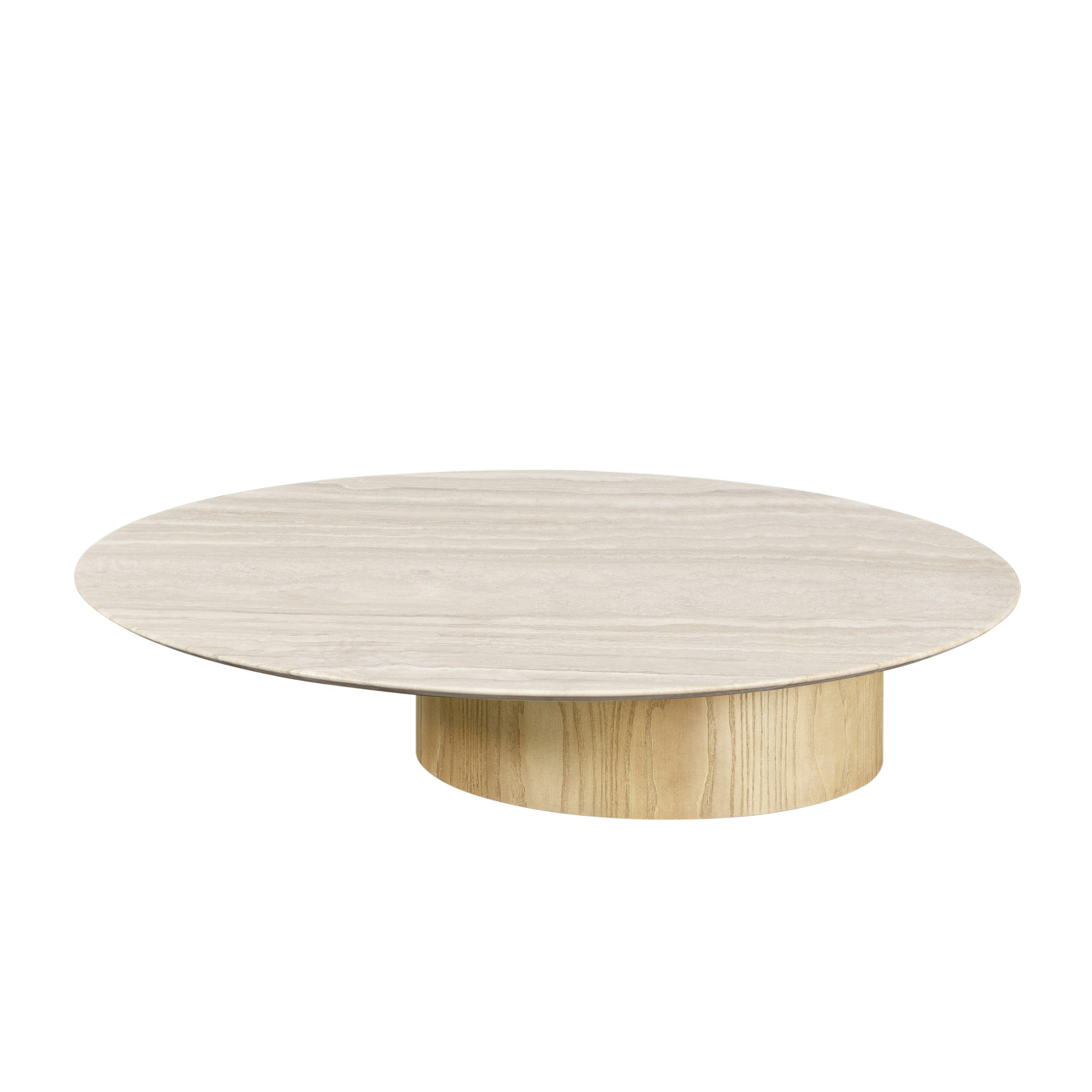A Myon Coffee Table in Travertine viewed from the front.