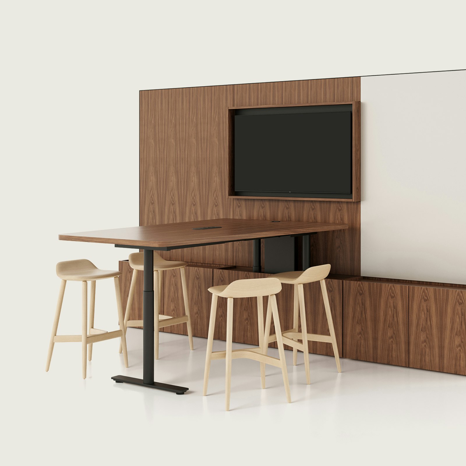 Geiger One Meeting and Huddle Room Whitesweep Rendering in Natural Walnut.
