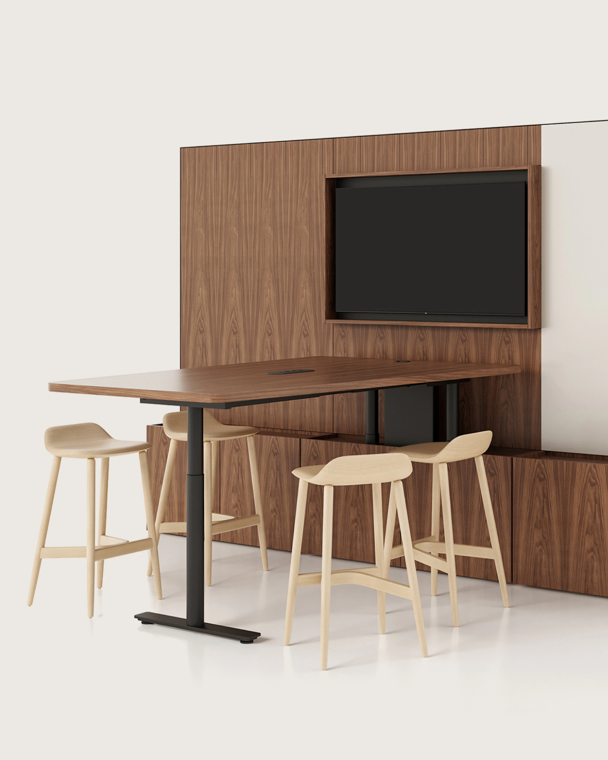 Geiger One Meeting and Huddle Room Whitesweep Rendering in Natural Walnut.