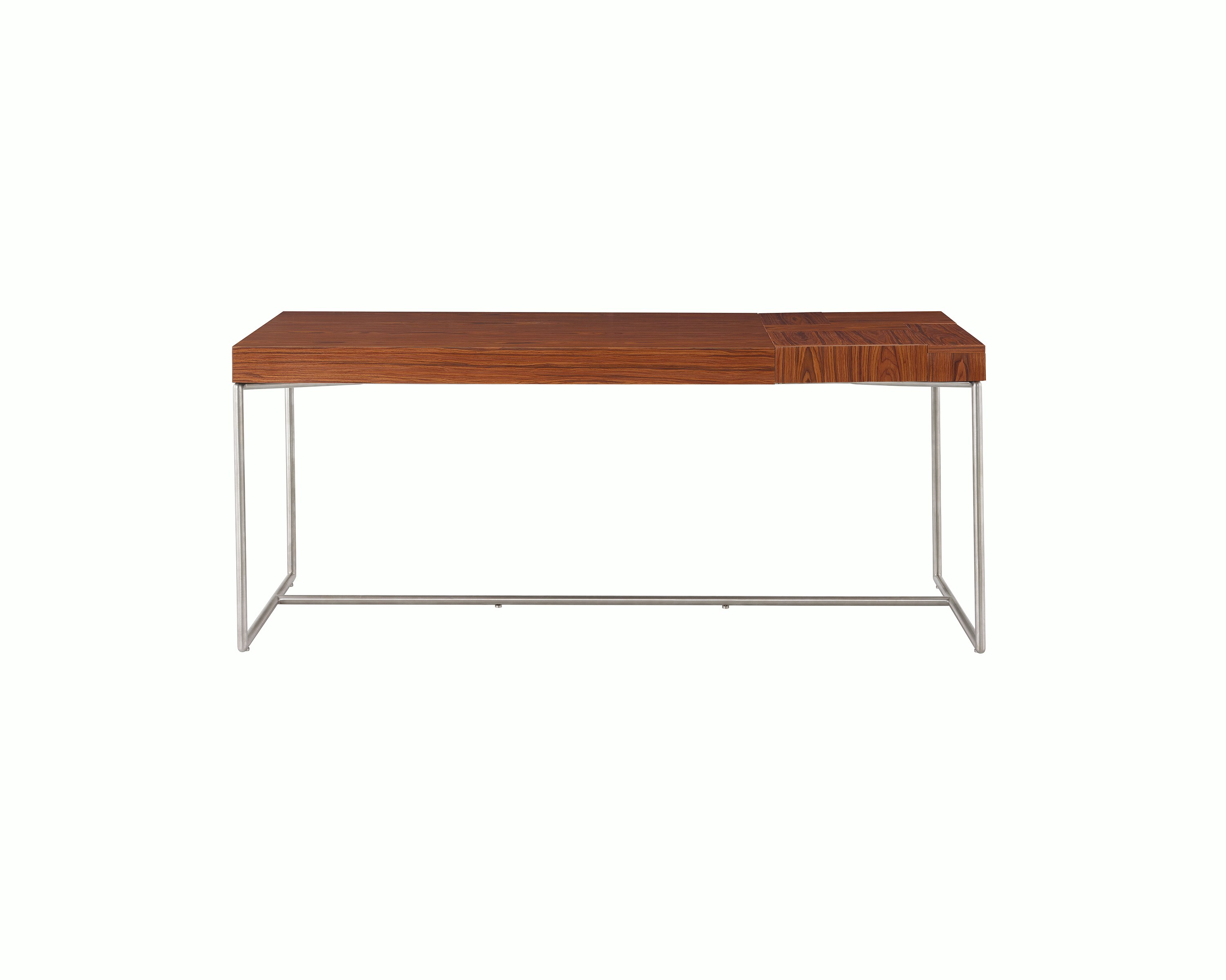 A Domino Desk with wood top and metal base.