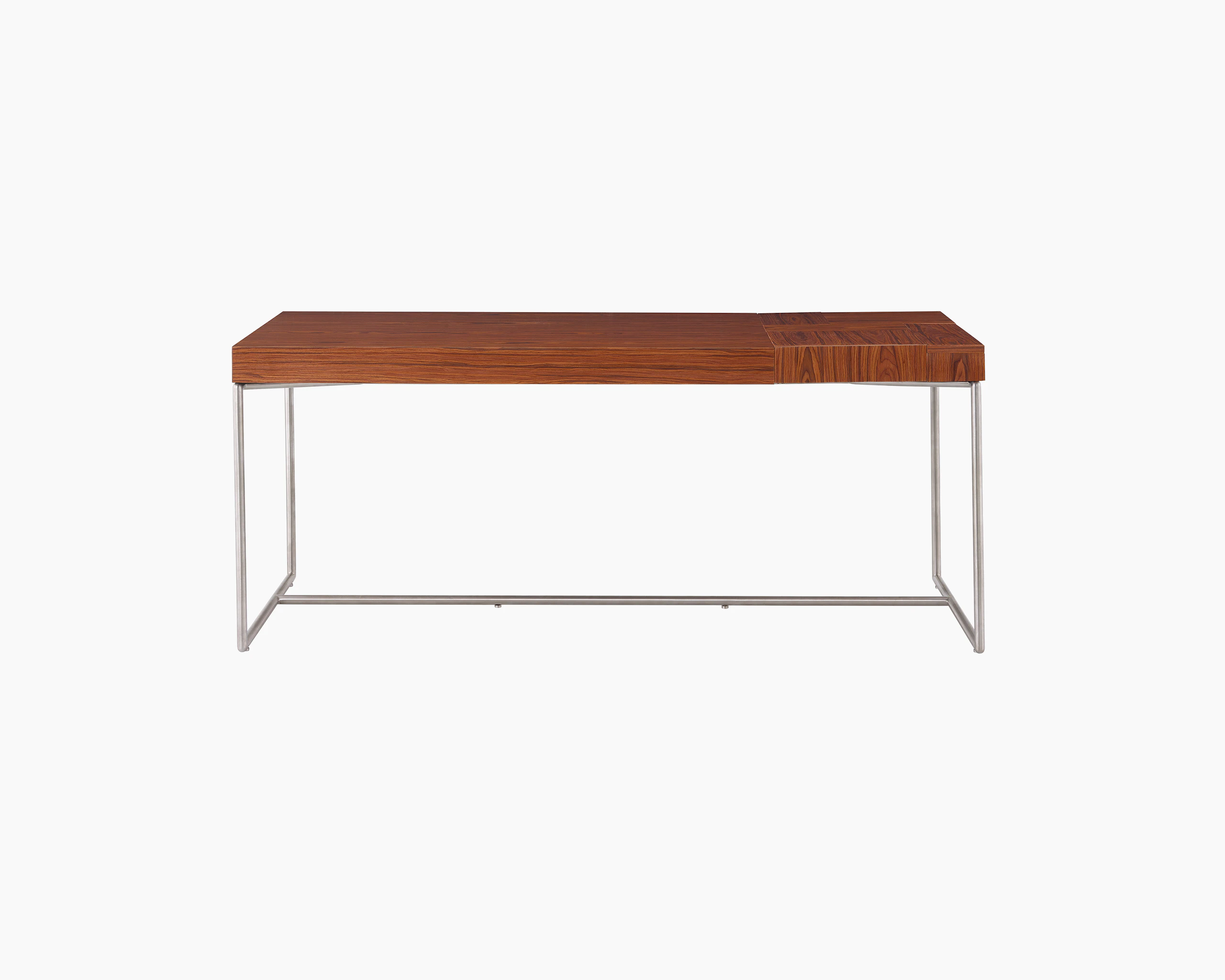 A Domino Desk with wood top and metal base.