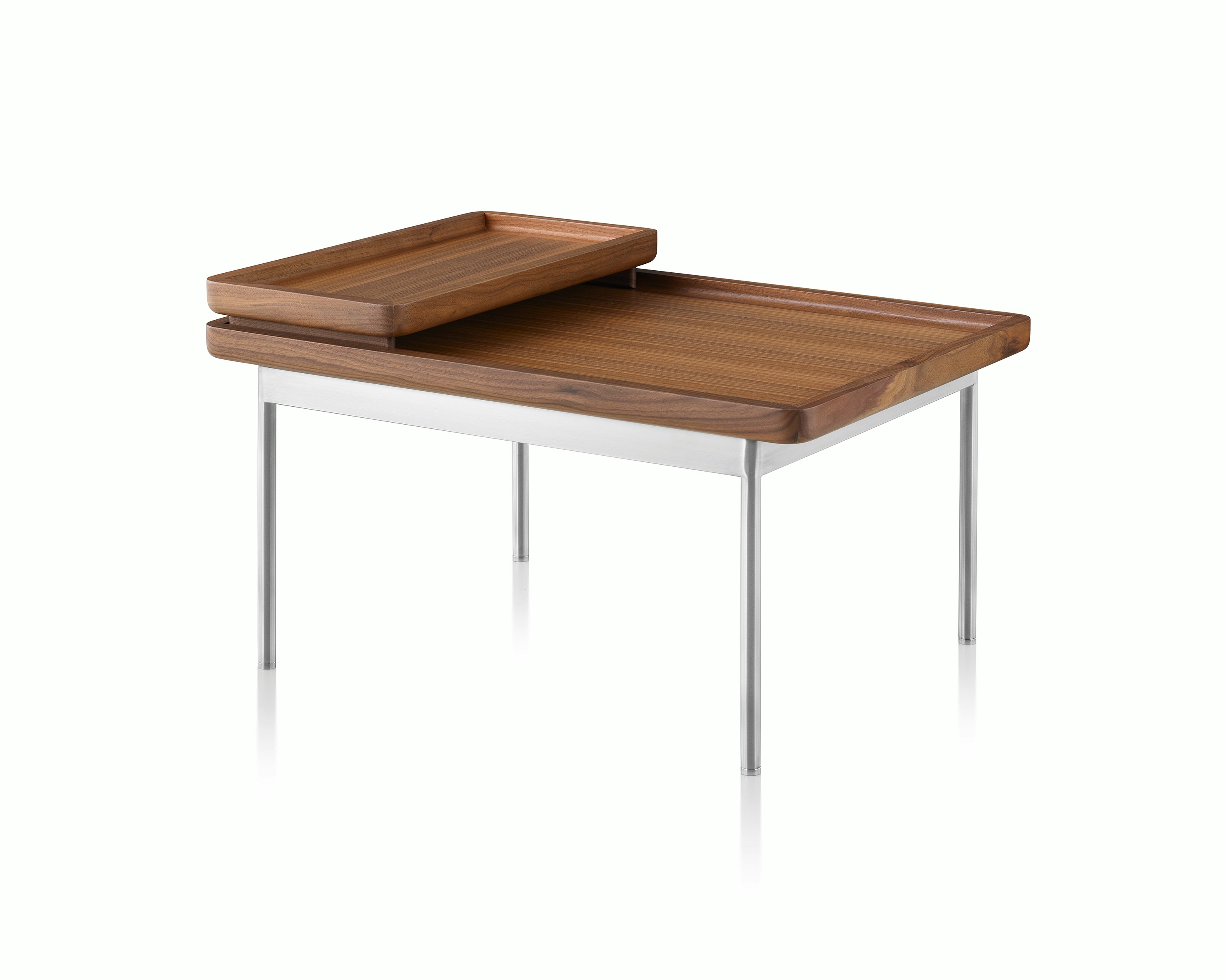 A Tuxedo Component Lounge Table featuring a Natural Walnut top and Satin Chrome Base.