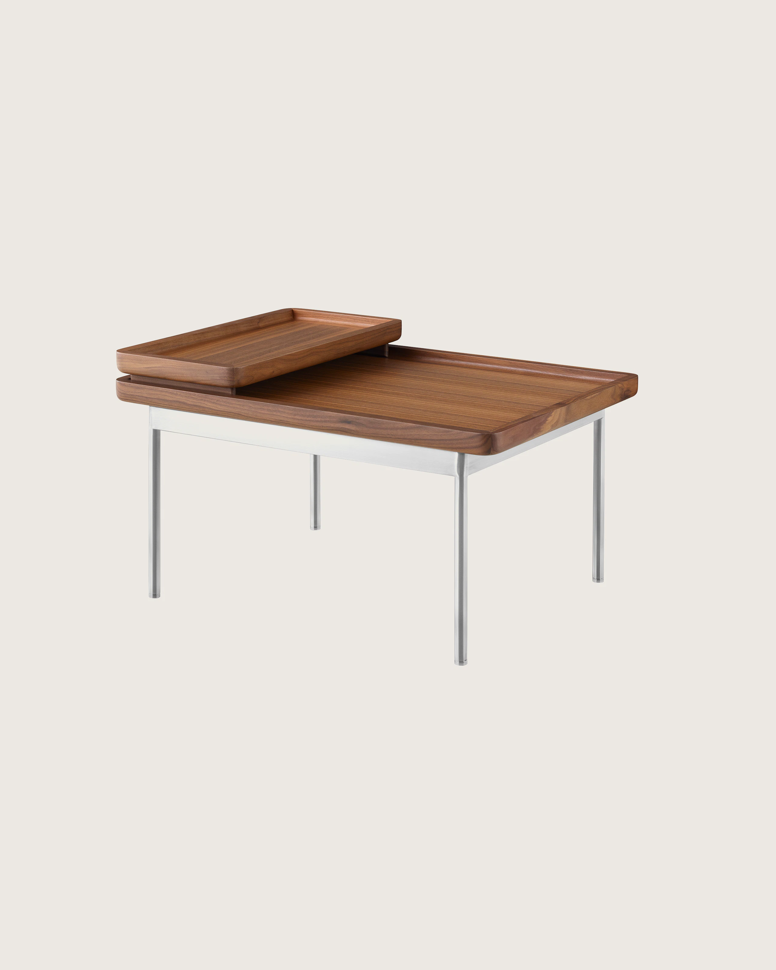 A Tuxedo Component Lounge Table featuring a Natural Walnut top and Satin Chrome Base.