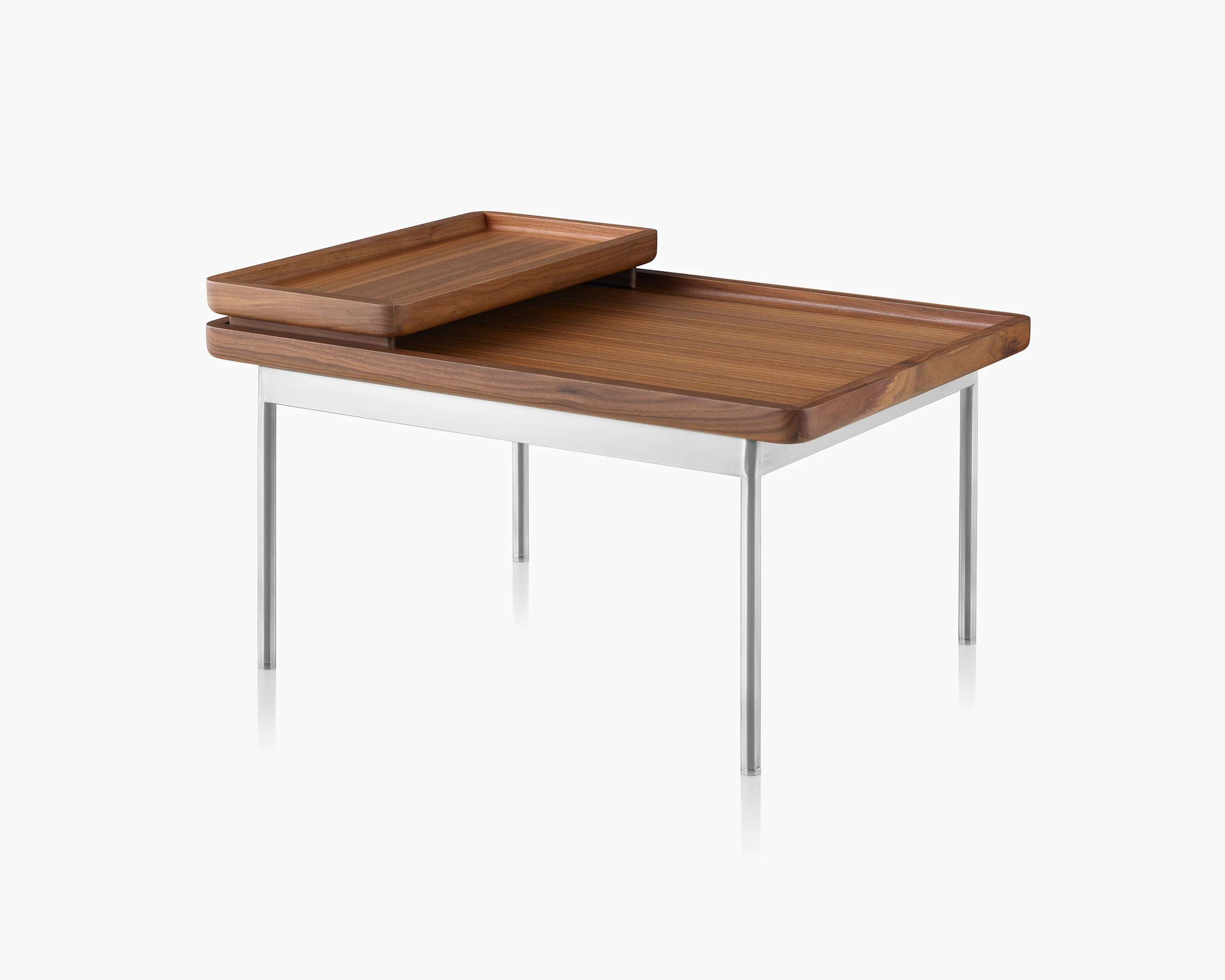 A Tuxedo Component Lounge Table featuring a Natural Walnut top and Satin Chrome Base.