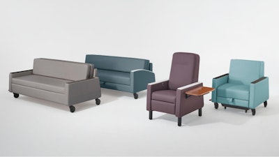 A selection of furniture from the Gemma Seating Family from Herman Miller including a grey sofa, a blue sofa, a red chair with side table, and a blue chair