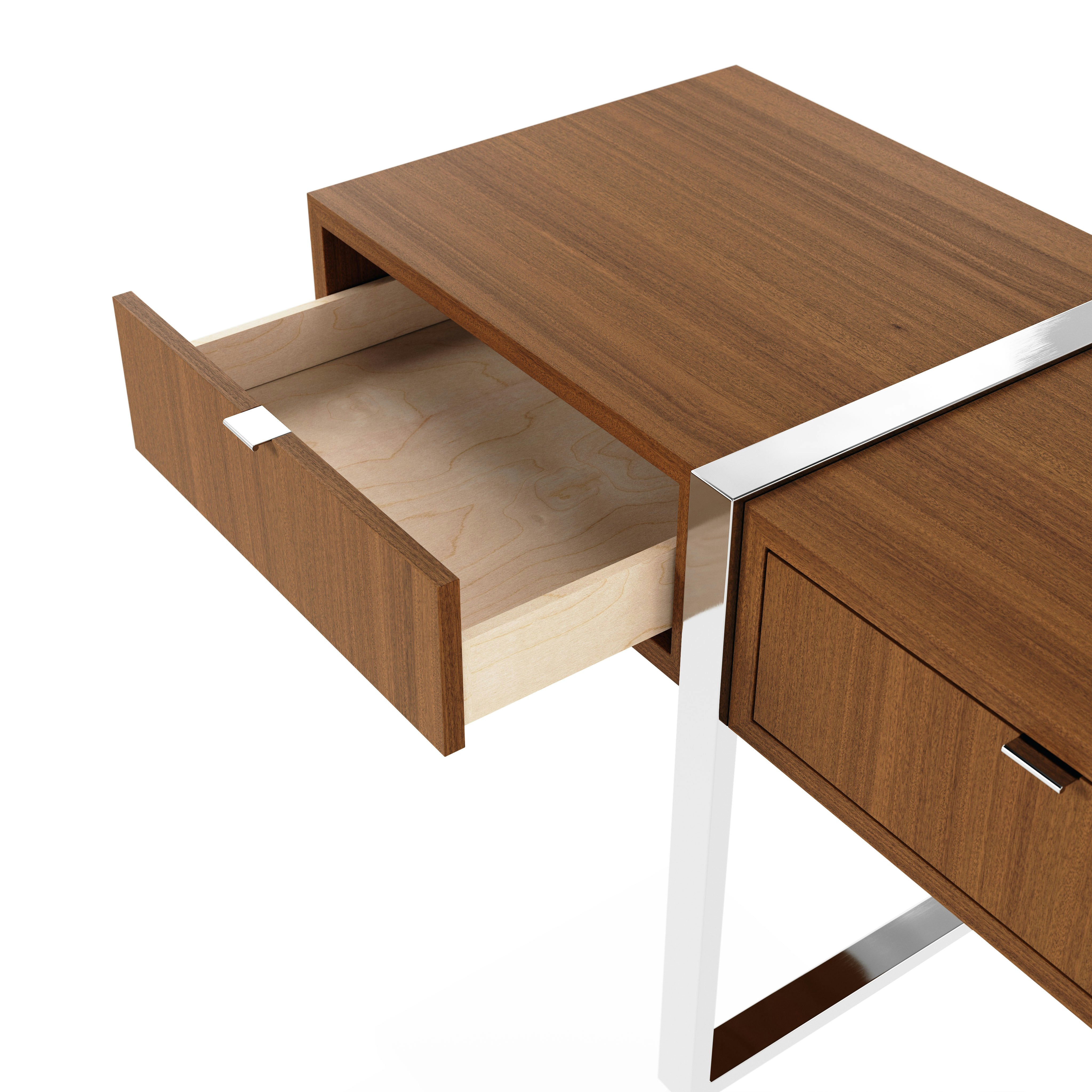 Detail shot of open drawer on Highline Credenza in Natural Quarter Cut Walnut with Polished Chrome legs and pull tabs. 