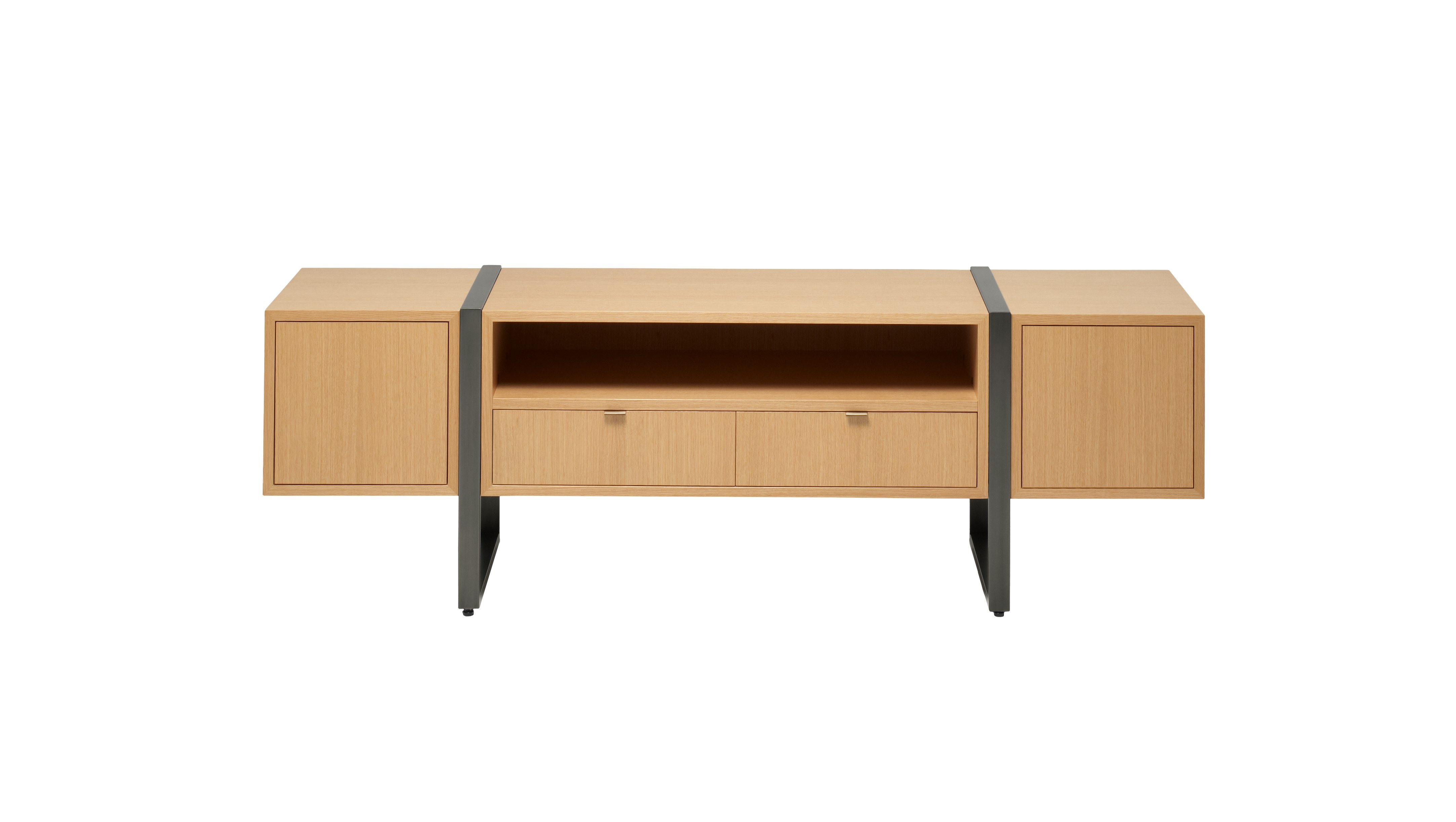 Highline Credenza in Rift Cut European White Oak with Gunmetal Grey Metal base, Oil Rubbed Bronze pulls, front view. 